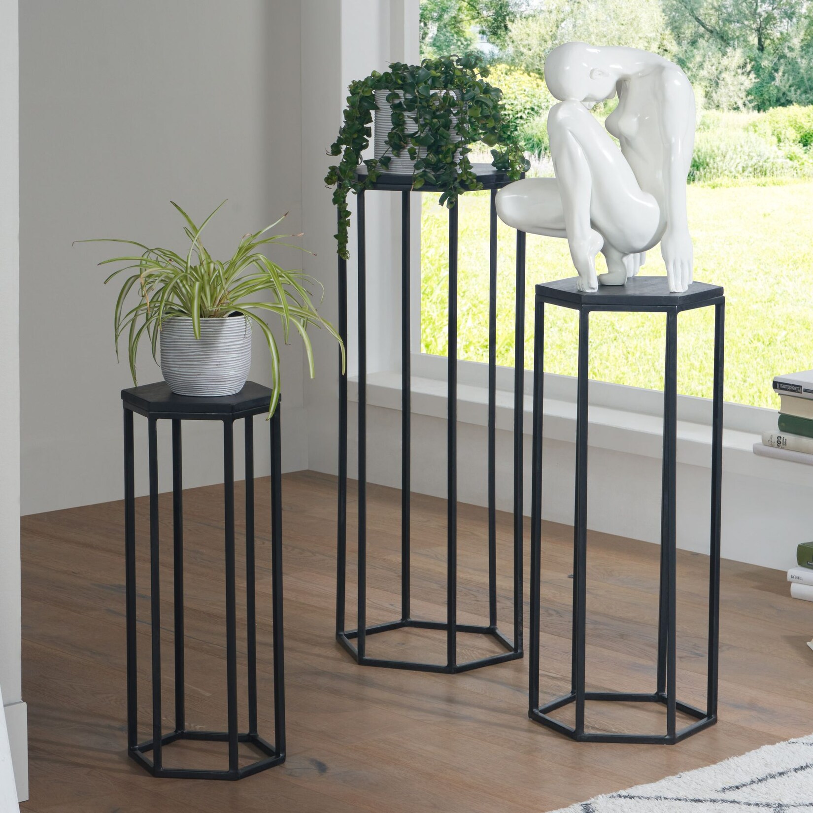 Satztisch FineBuy Massivholz Blumentisch 3er Set Säulentisch Dekosäule Eckig