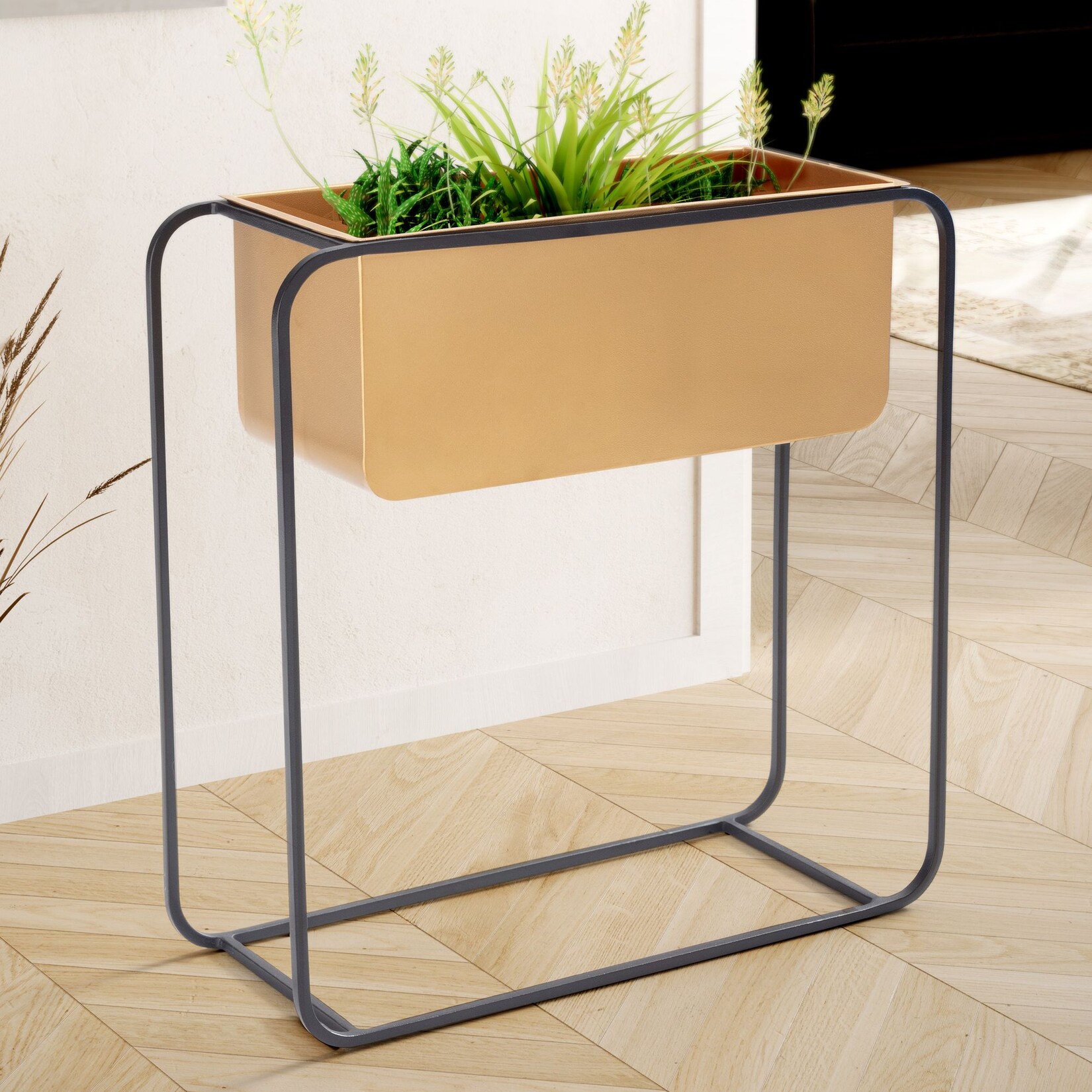 Pflanzgefäß FineBuy Pflanzenkübel 60x60x24 cm Metall Gold Rechteckig Blumentopf | 04251757714511
