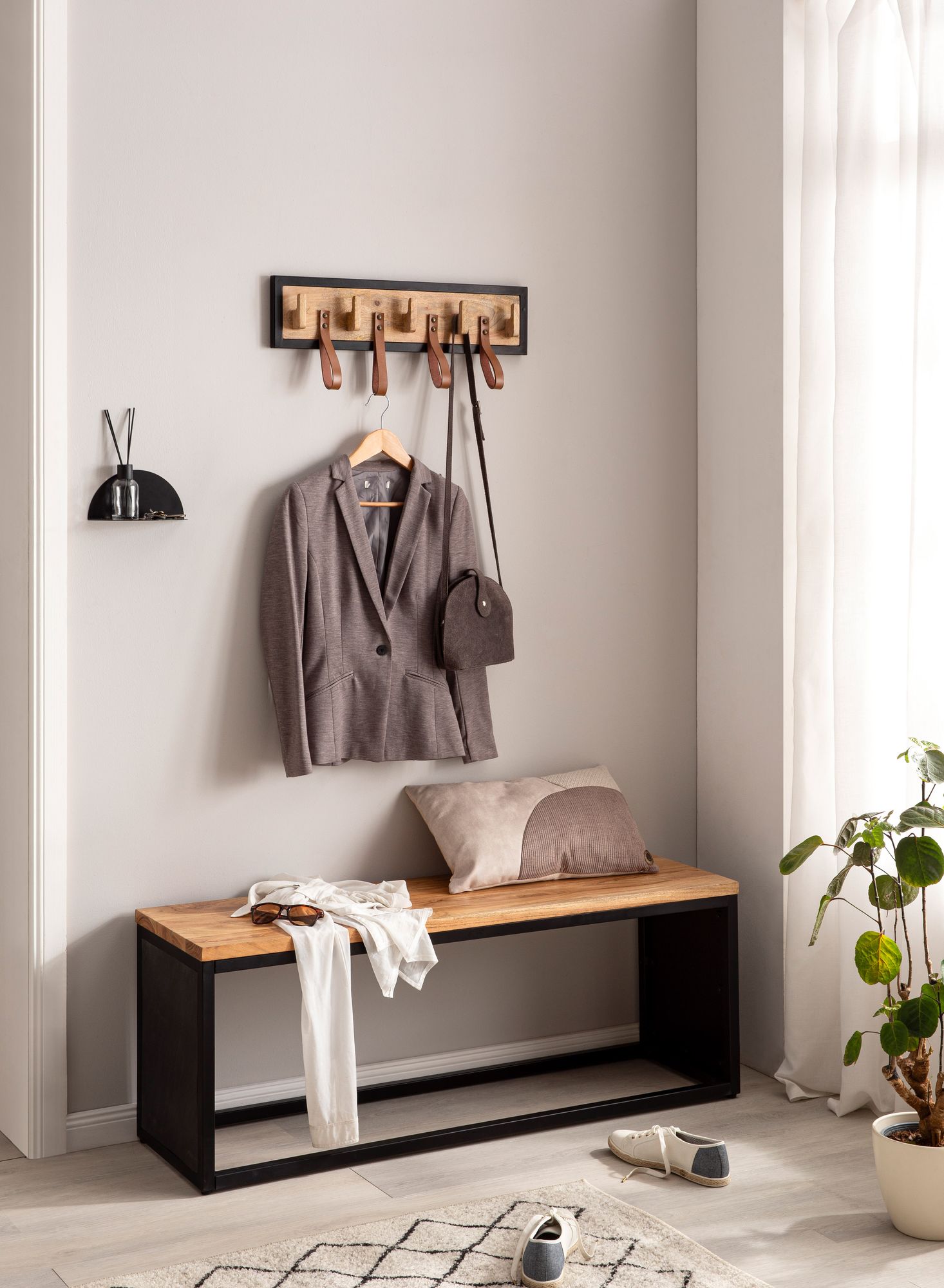 Wandgarderobe FineBuy Hakenleiste Holz Echtleder 60 cm Garderobe Flur Metall online kaufen bei Netto