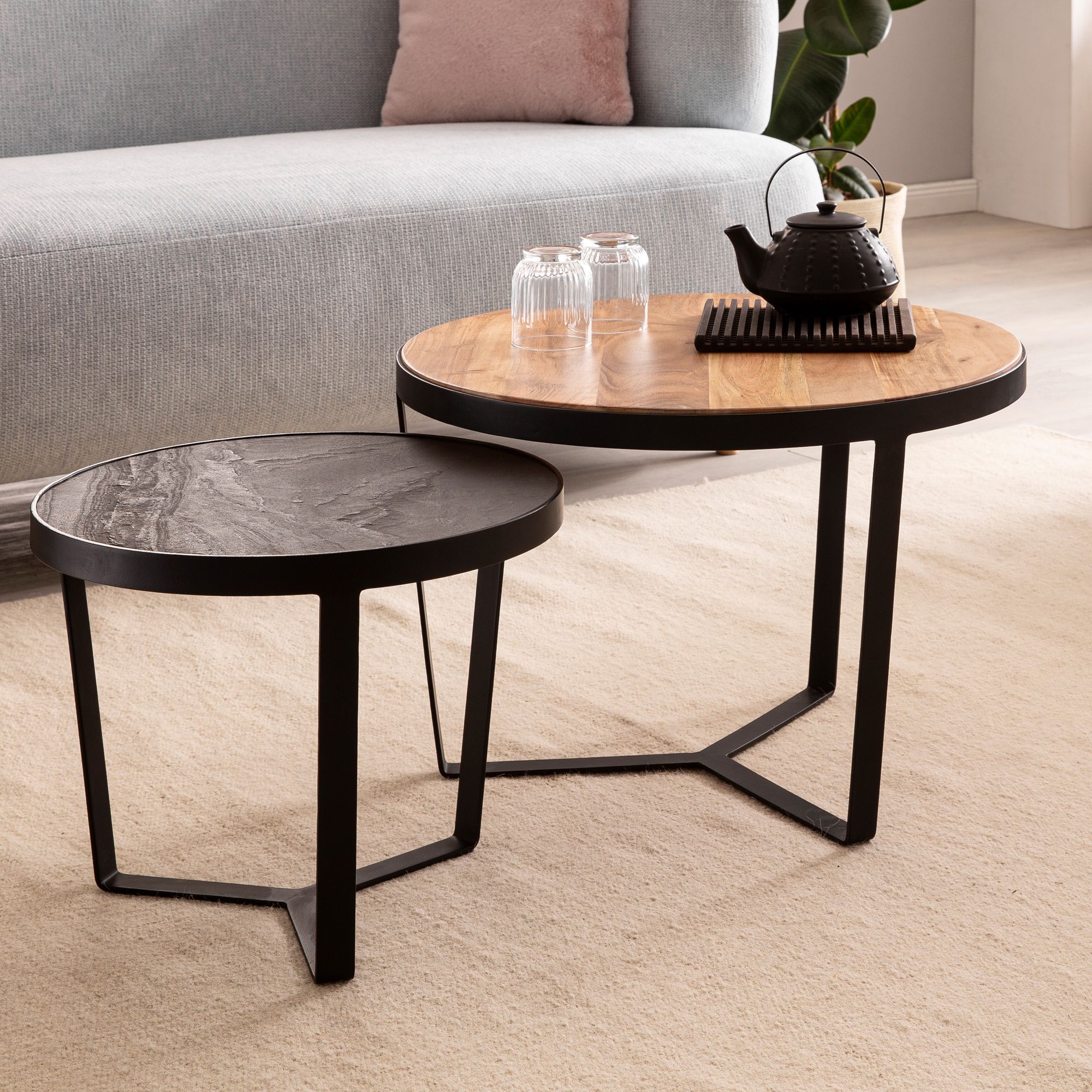 Couchtisch FineBuy Wohnzimmertisch 2er Set Rund Holz / Steinoptik Satztisch - Bild 1