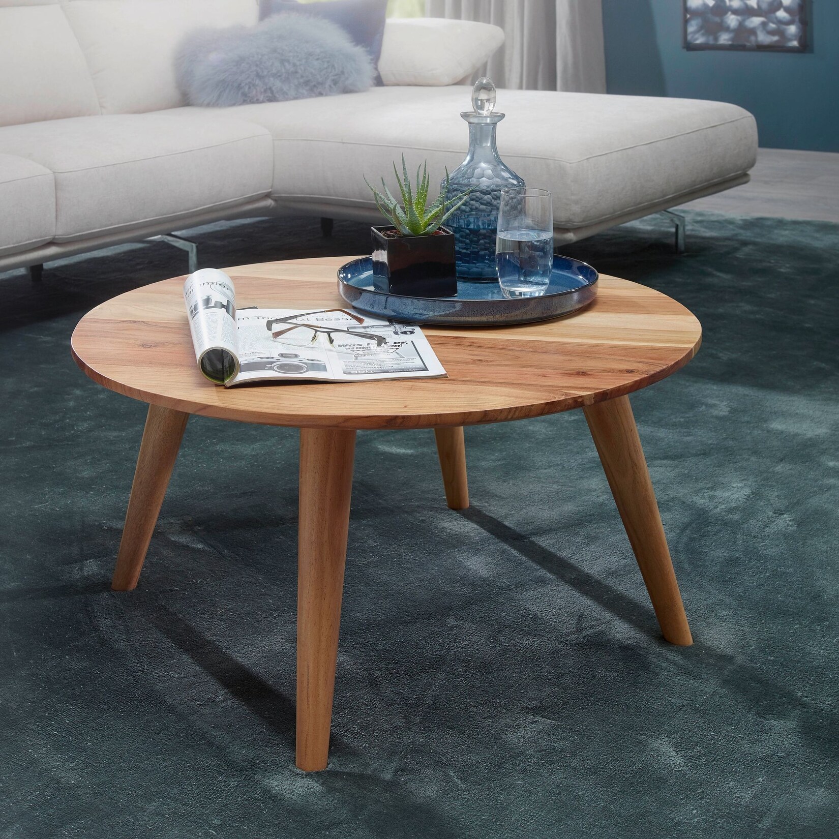 FineBuy Couchtisch Akazie Massiv rund 75 cm Wohnzimmertisch skandinavisch Retro