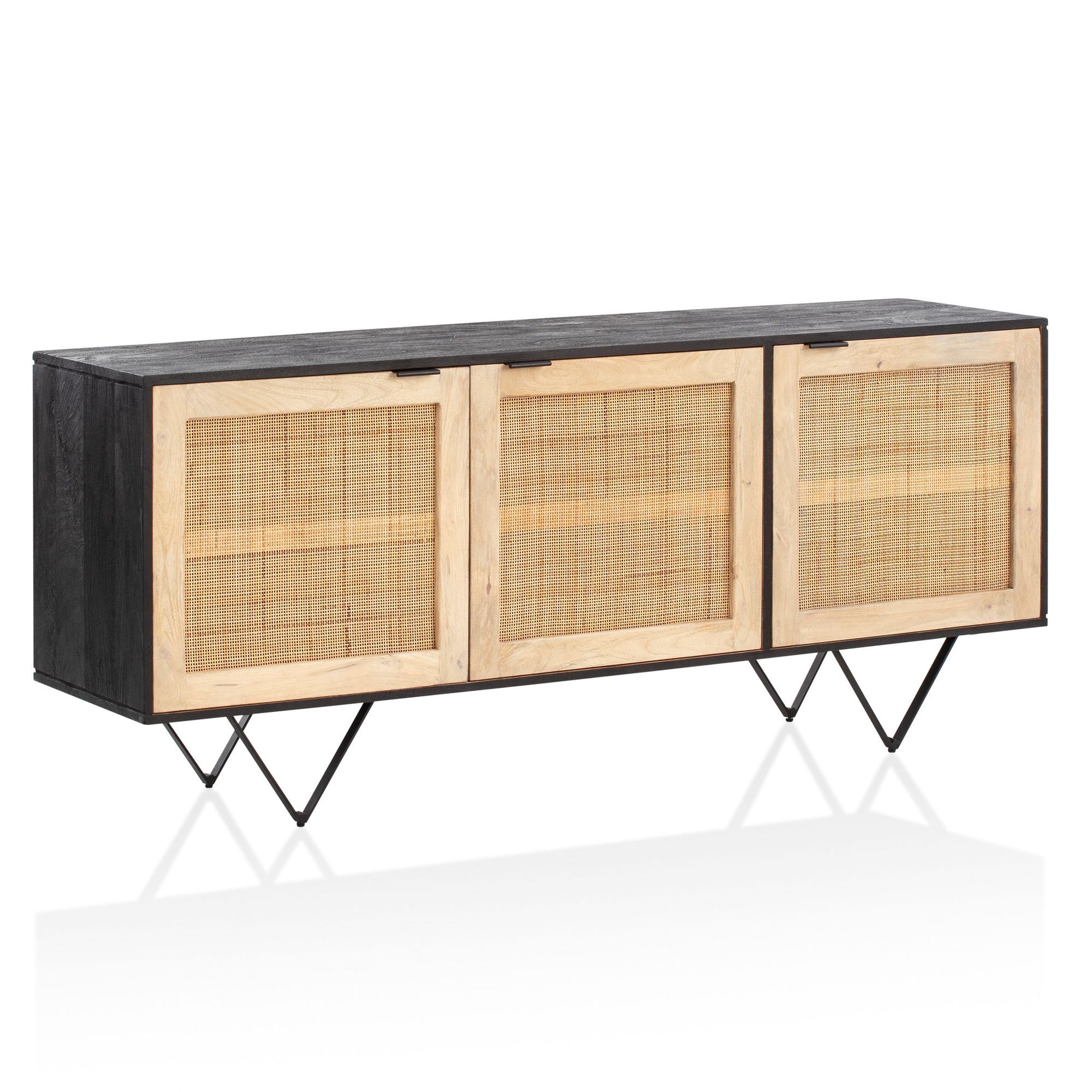 Massivholz Sideboard 175cm Mango Design Kommode mit 3 Rattan Wiener Geflecht T&uuml;ren Schwarz - Bild 1