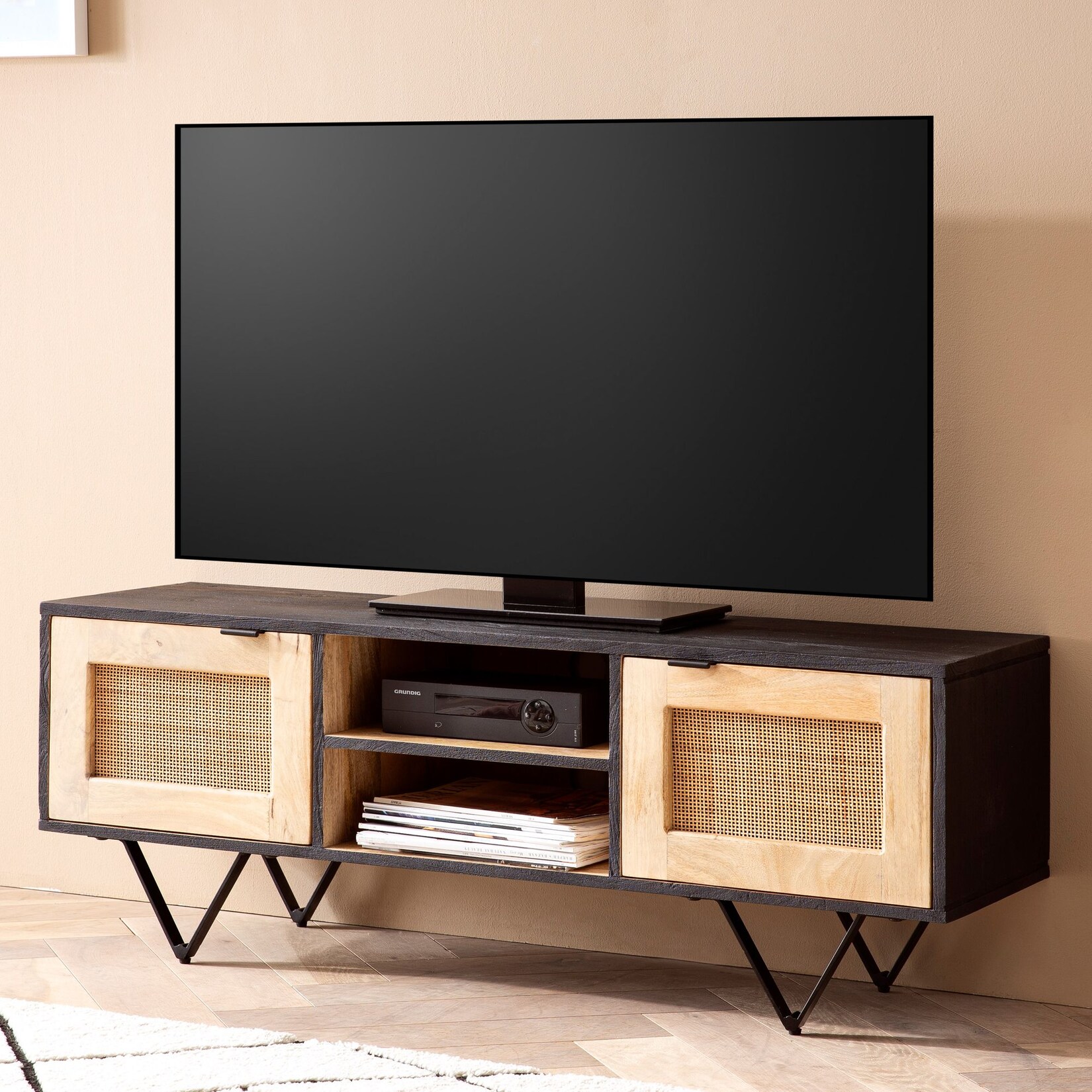 Massivholz TV-Board Kommode 120cm Wiener Geflecht Rattan Lowboard Fernsehschrank | 04251757719516