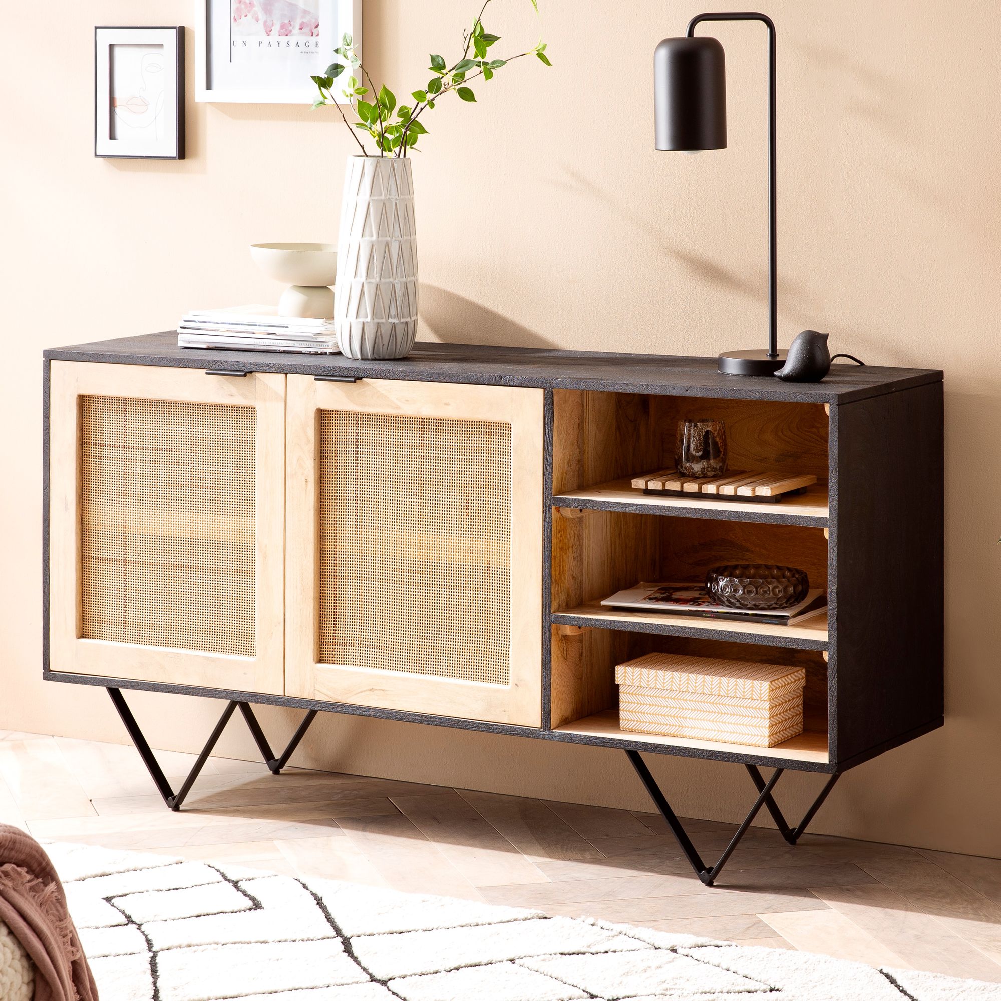 Massivholz Sideboard 145cm Mango Design Kommode mit 2 Rattan Wiener Geflecht T&uuml;ren & Ablage Schwarz - Bild 1