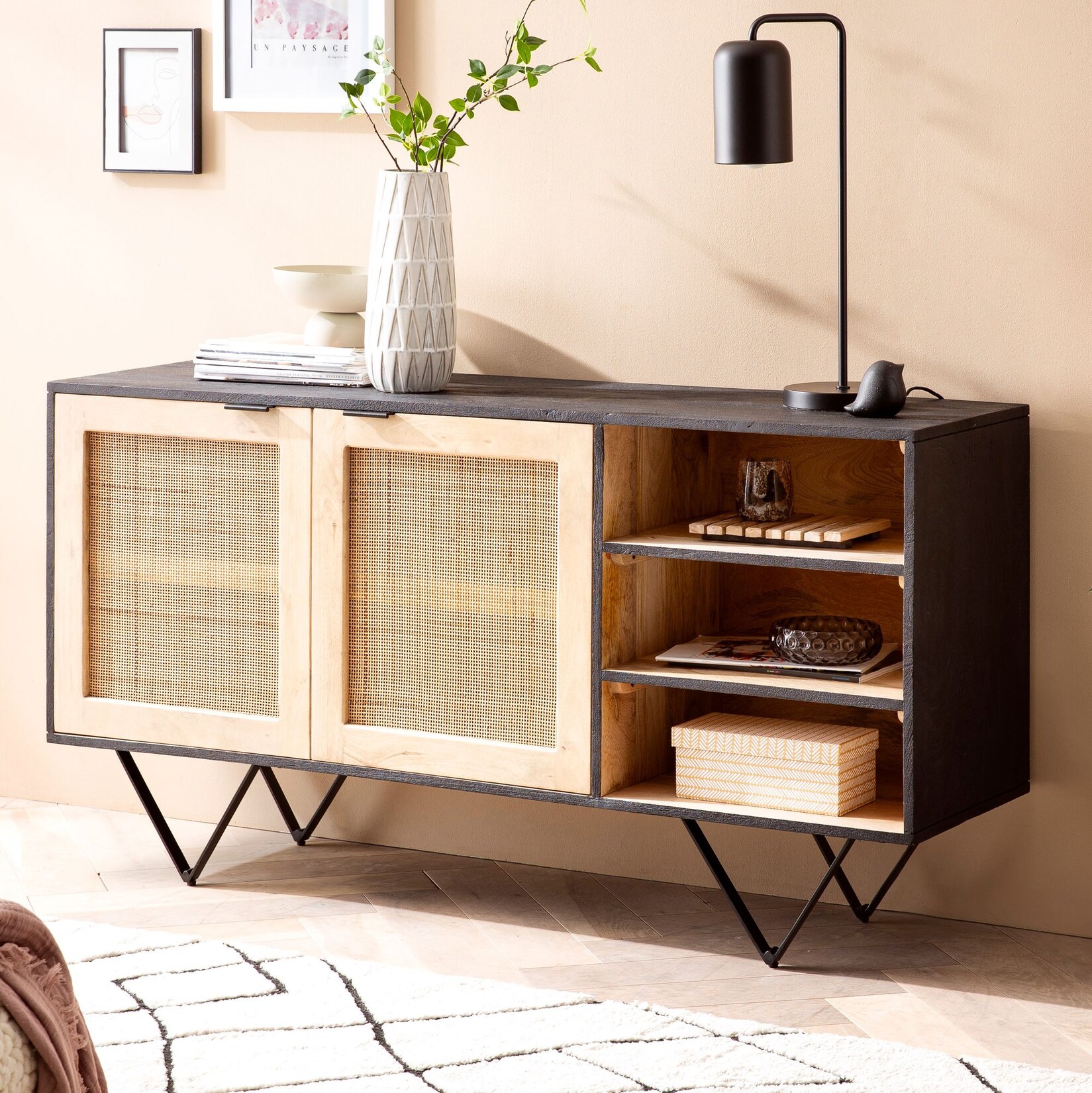 Massivholz Sideboard 145cm Mango Design Kommode mit 2 Rattan Wiener Geflecht Türen & Ablage Schwarz | 04251757719547