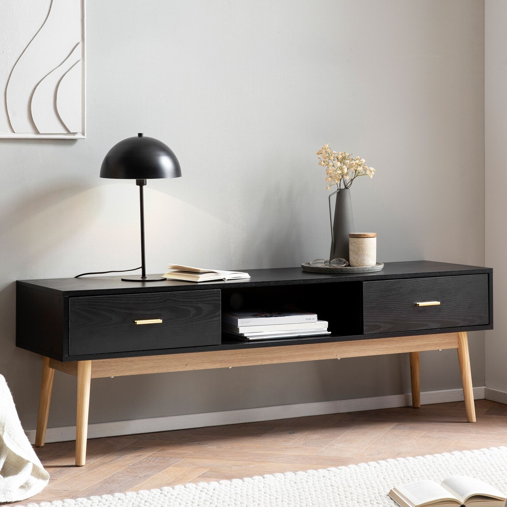 Lowboard FineBuy TV Schrank 150 cm Schwarz Schubladen Fernsehkommode Eiche | 04251757720475