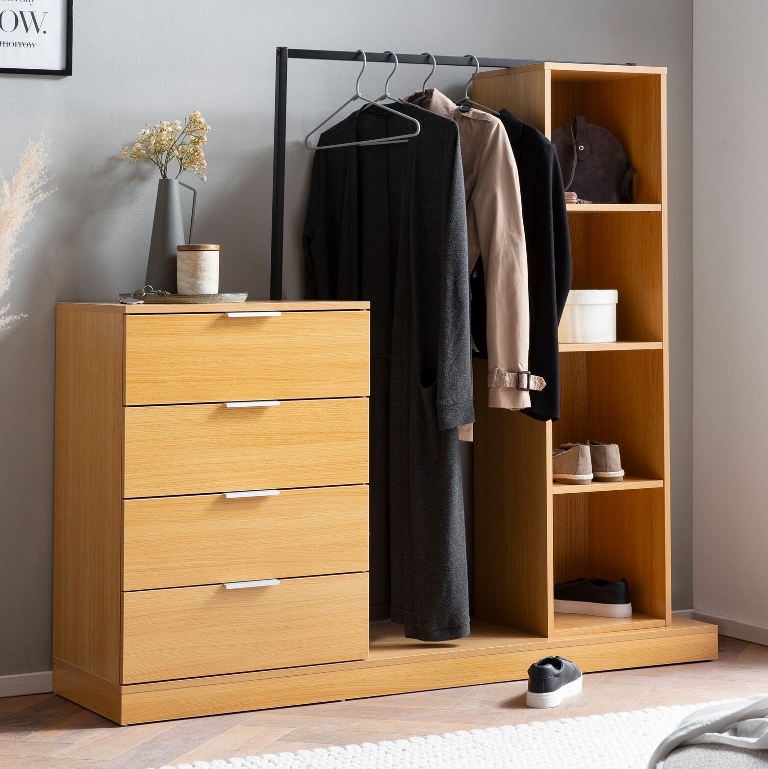 Garderobe FineBuy Kleiderschrank Eiche 145 cm Schubläden Regal Kleiderstange | 04251757720499