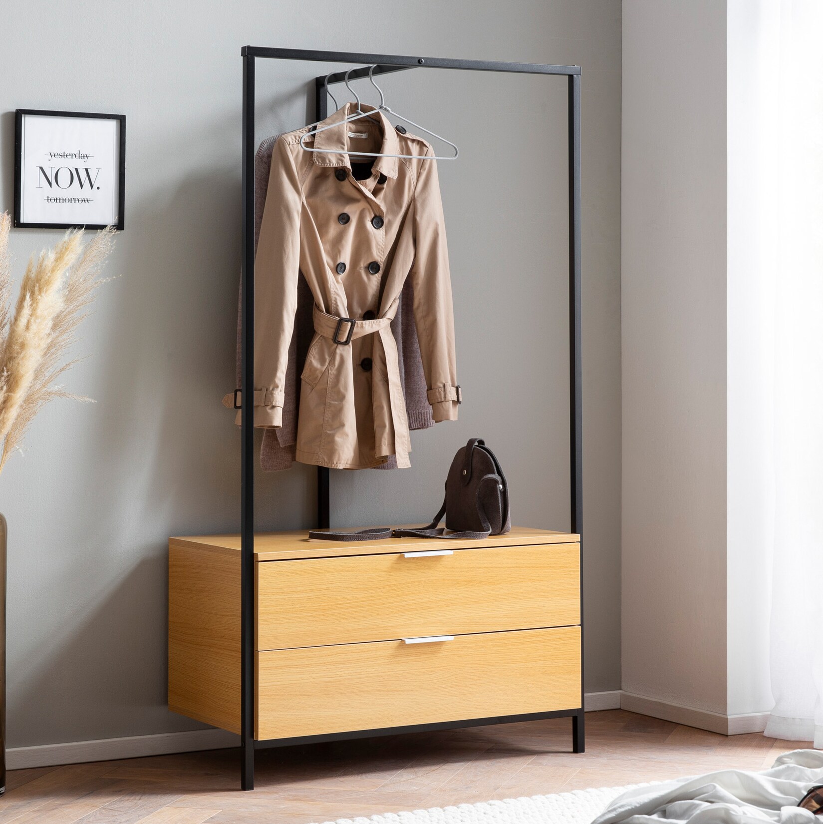 Garderobe FineBuy Kleiderschrank Eiche 152 cm Schubläden Kleiderstange Flur