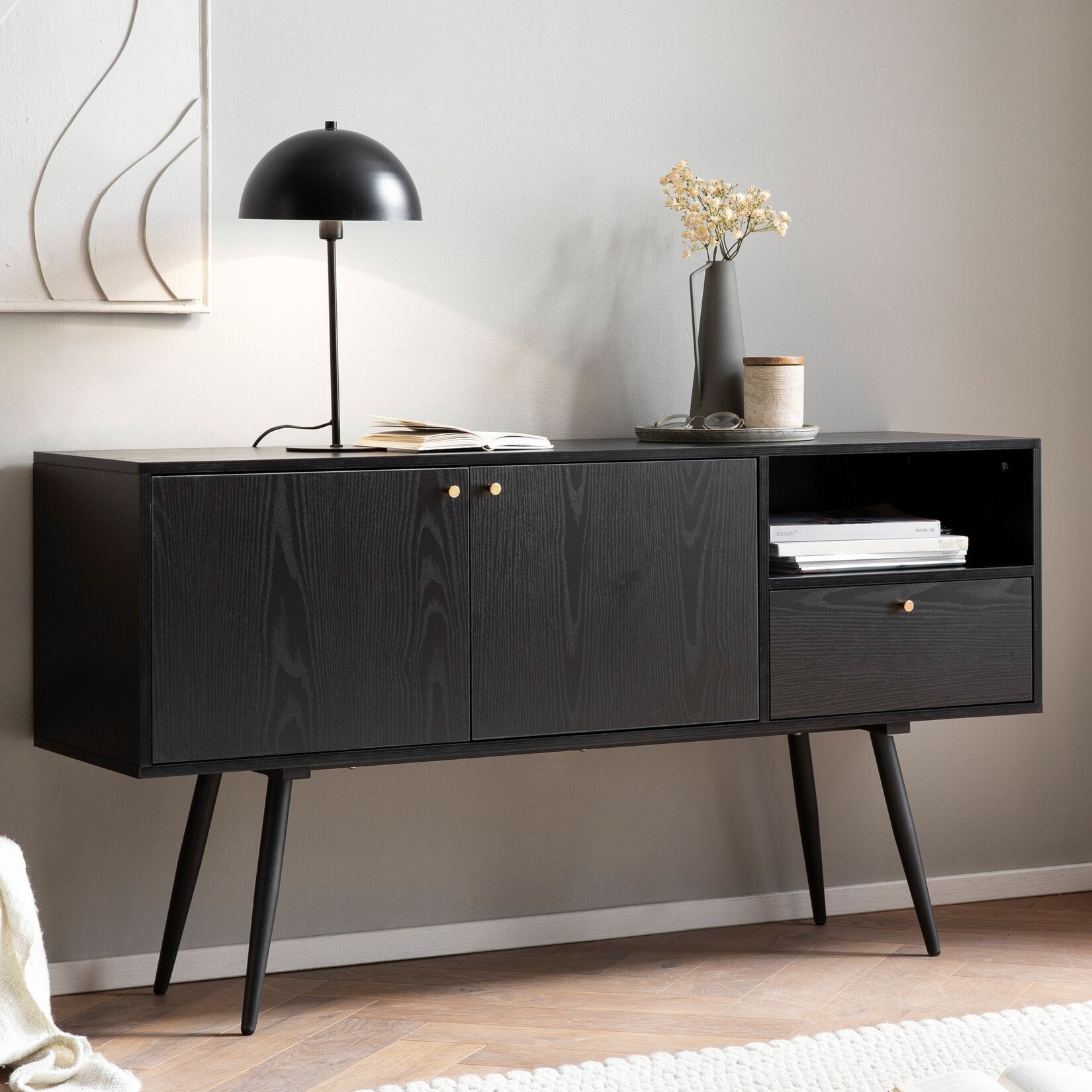 Sideboard FineBuy 140cm Eiche Dekor Schwarz mit 2 Türen Schublade & Ablage Kommode | 04251757720604