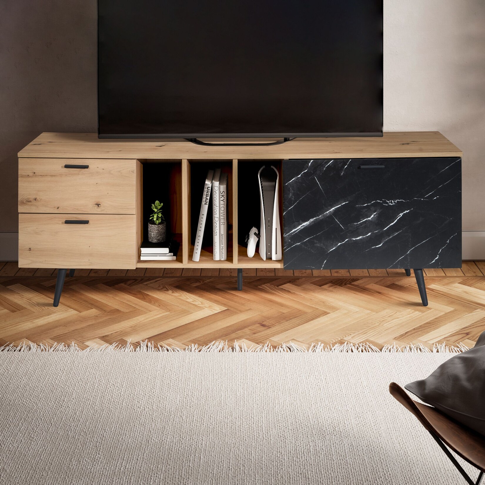 Lowboard FineBuy TV Schrank 150 cm Fernsehtisch Fernsehschrank Marmor Schwarz | 04251757720659
