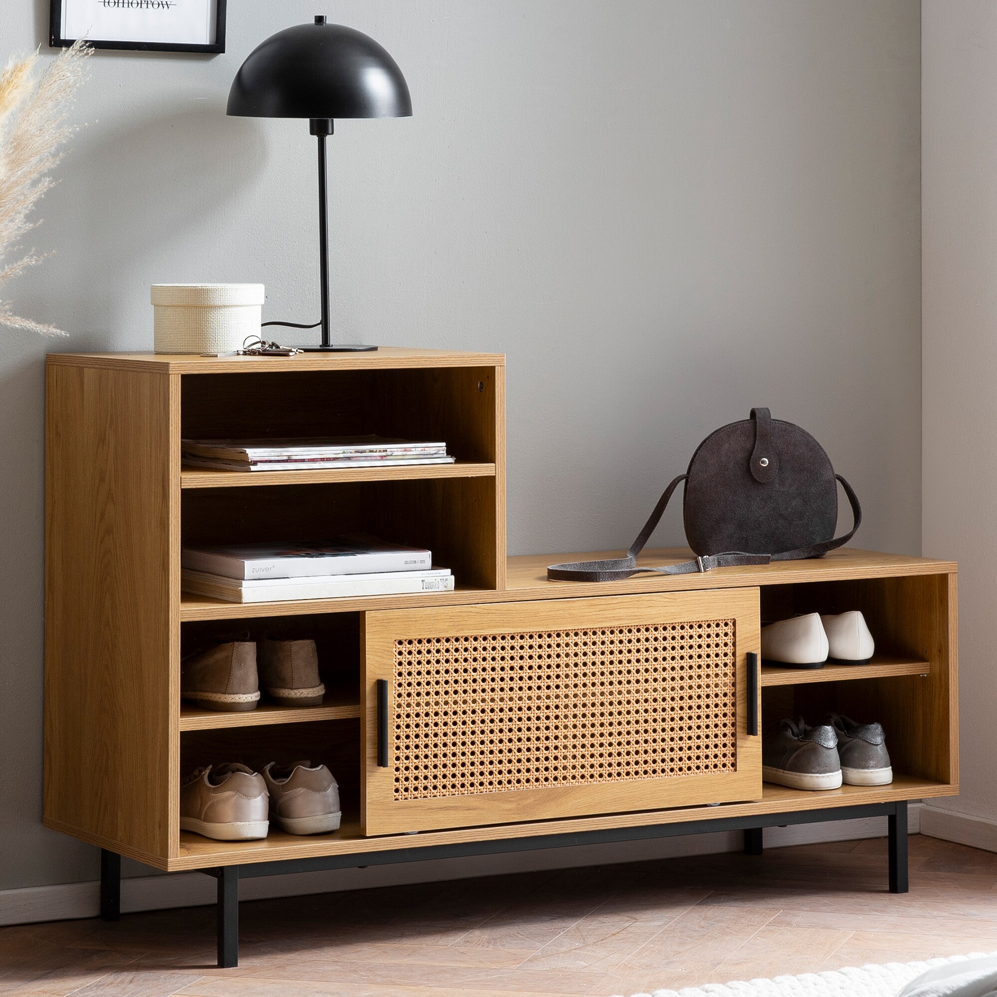 Schuhbank FineBuy Garderobe mit Sitzbank 120 cm Wiener Geflecht Schuhregal Eiche - Bild 1