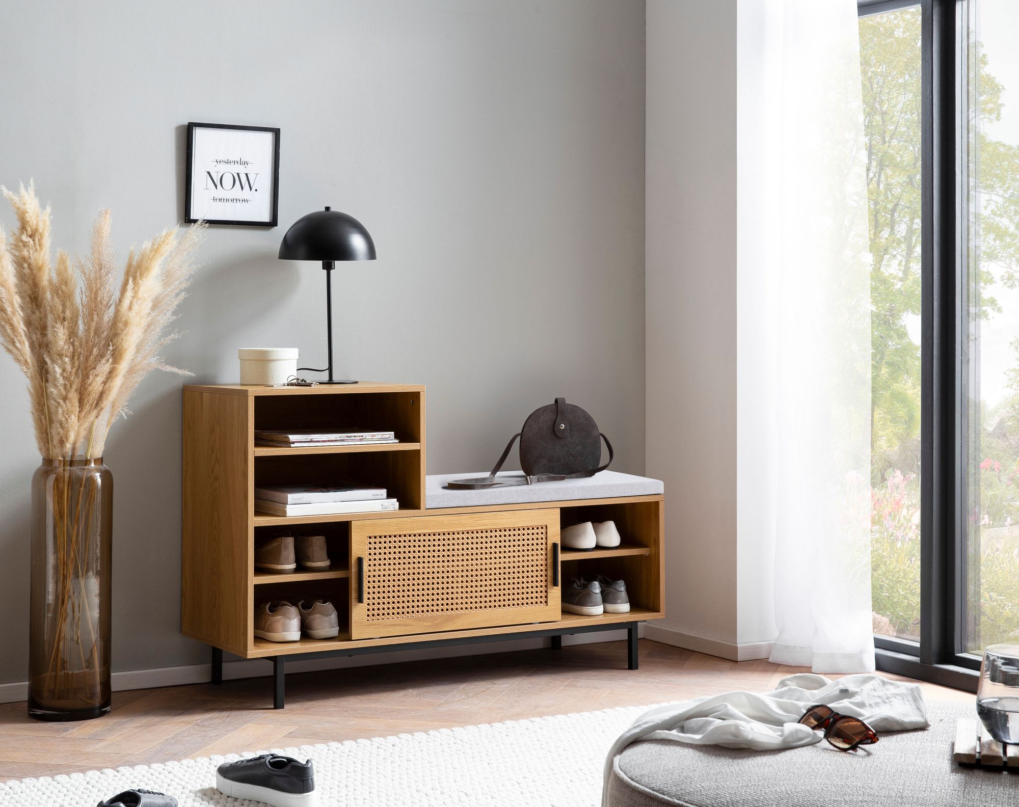 Schuhbank FineBuy Garderobe mit Sitzbank 120 cm Wiener Geflecht Schuhregal Eiche online kaufen bei Netto