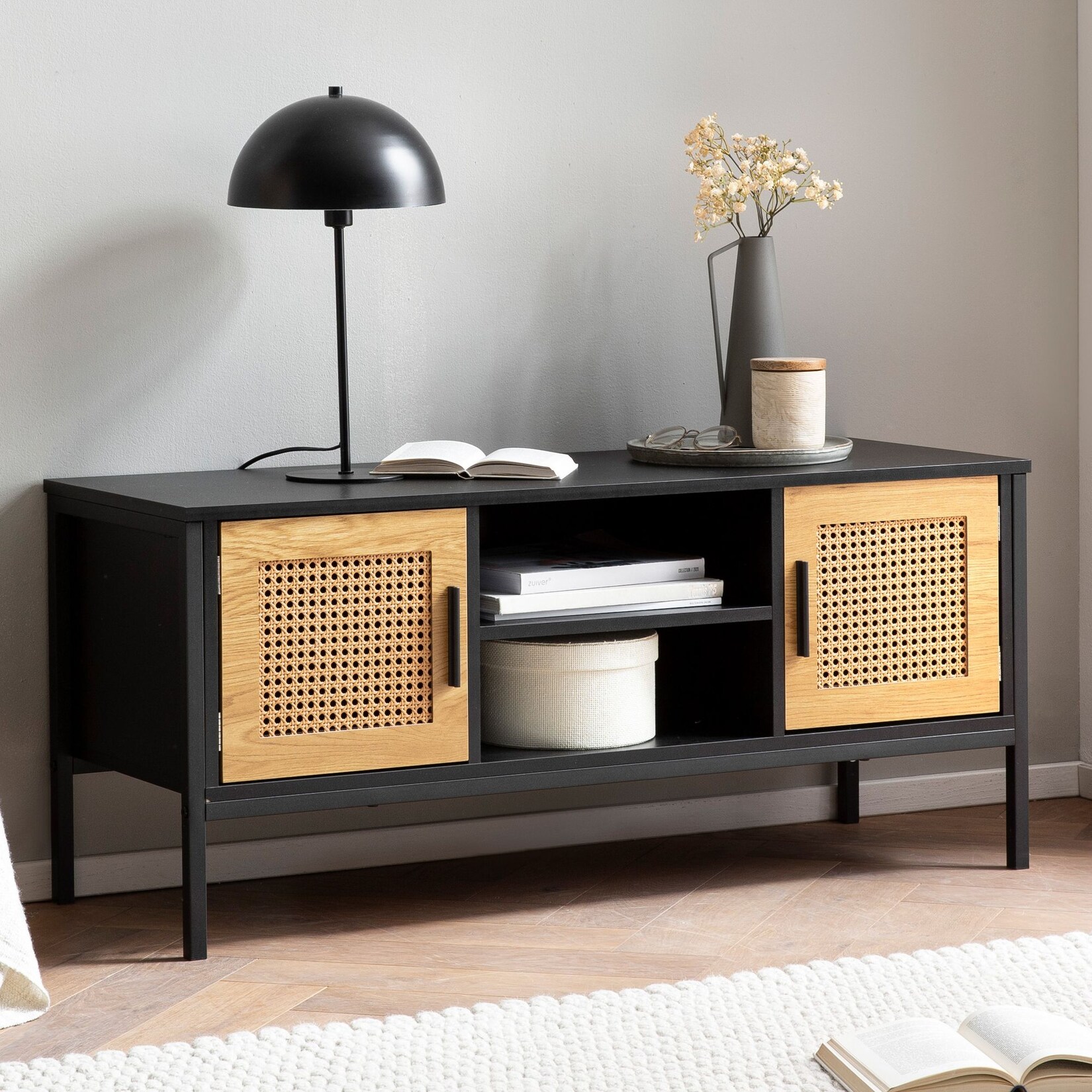 Lowboard FineBuy TV Schrank 110 cm Holz Schwarz Fernsehkommode Wiener Geflecht | 04251757720871