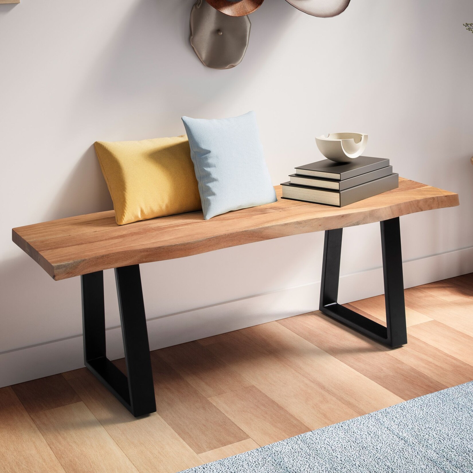 Garderobenbank FineBuy Sitzbank Akazie Massivholz 120 cm Baumkante Flurbank | 04251757721892