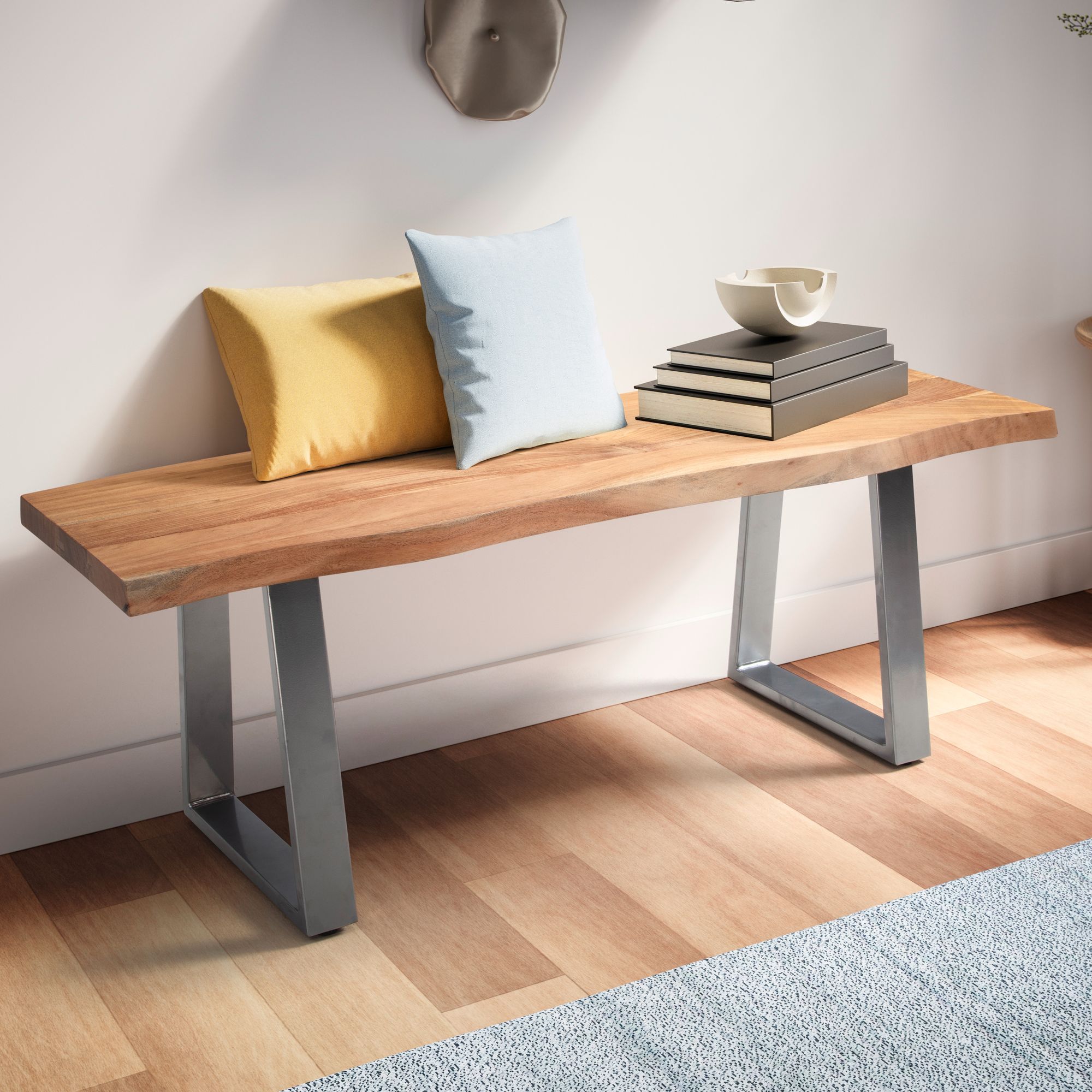 Garderobenbank FineBuy Sitzbank Akazie Massivholz 120 cm Baumkante Flurbank - Bild 1