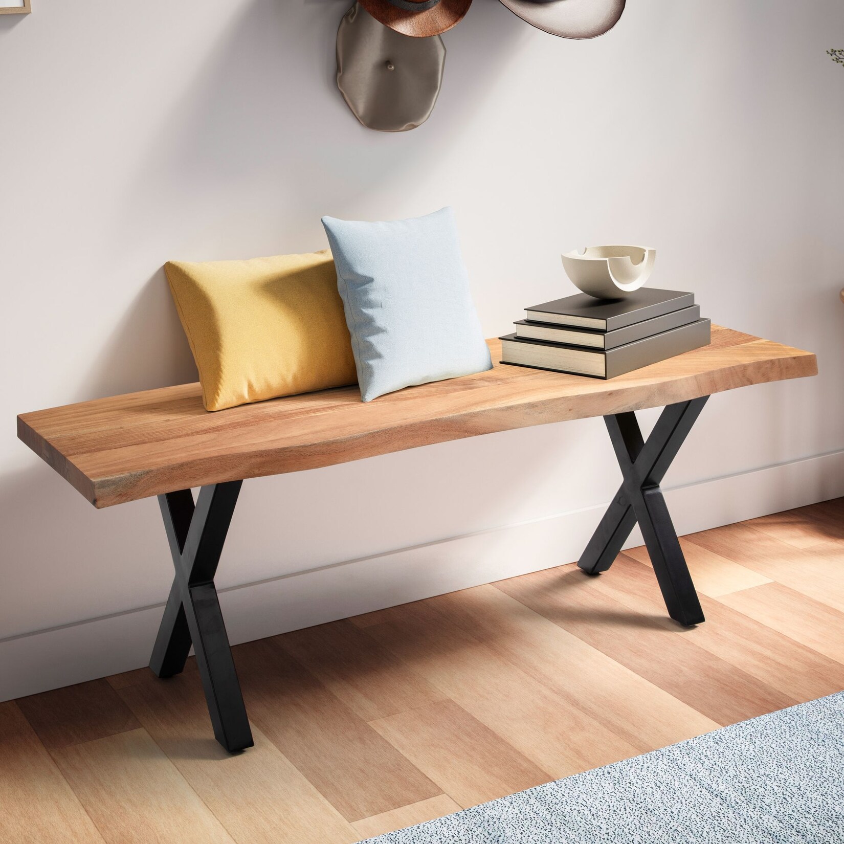 Garderobenbank FineBuy Sitzbank Akazie Massivholz 120 cm Baumkante Flurbank | 04251757721939