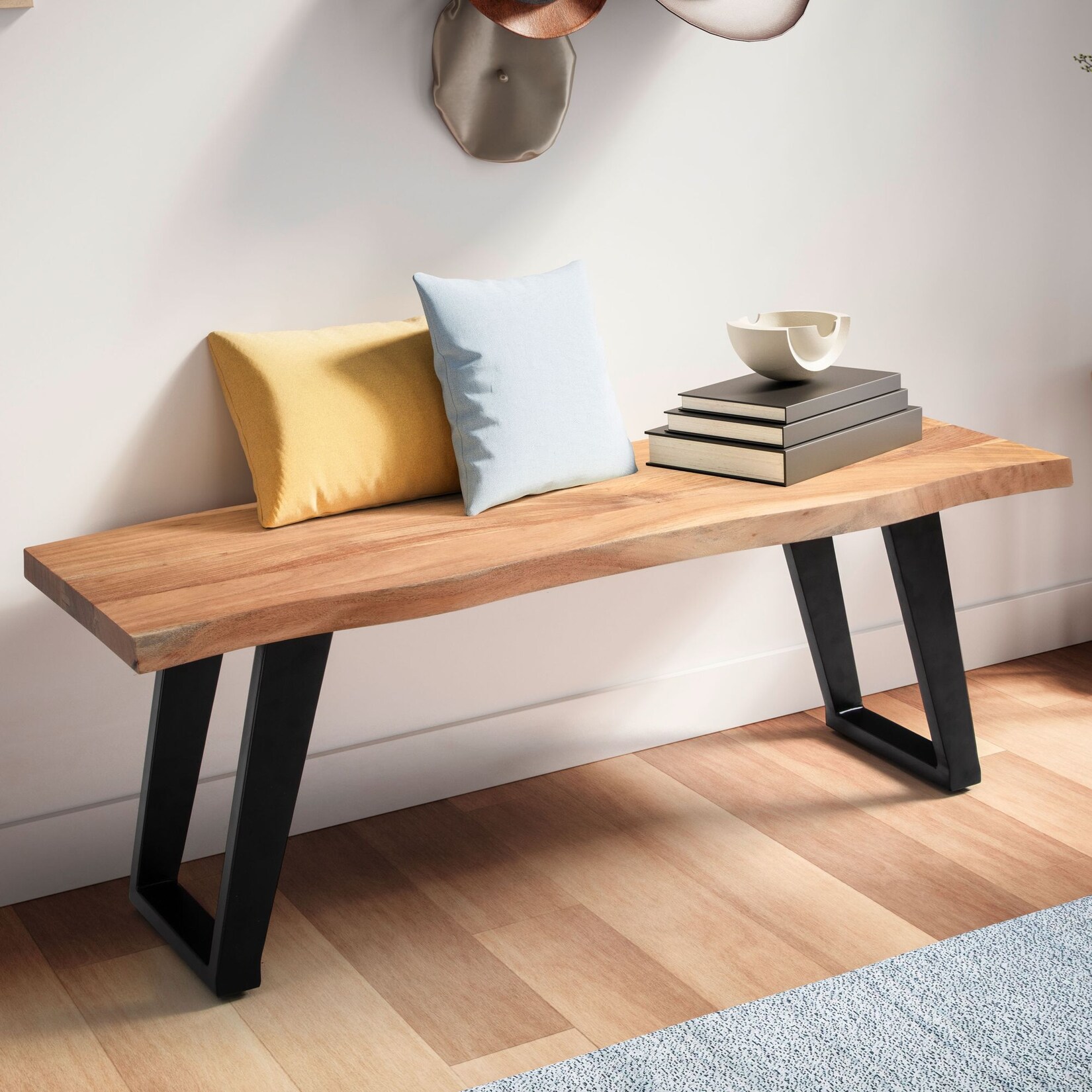 Garderobenbank FineBuy Sitzbank Akazie Massivholz 120 cm Baumkante Flurbank | 04251757721953