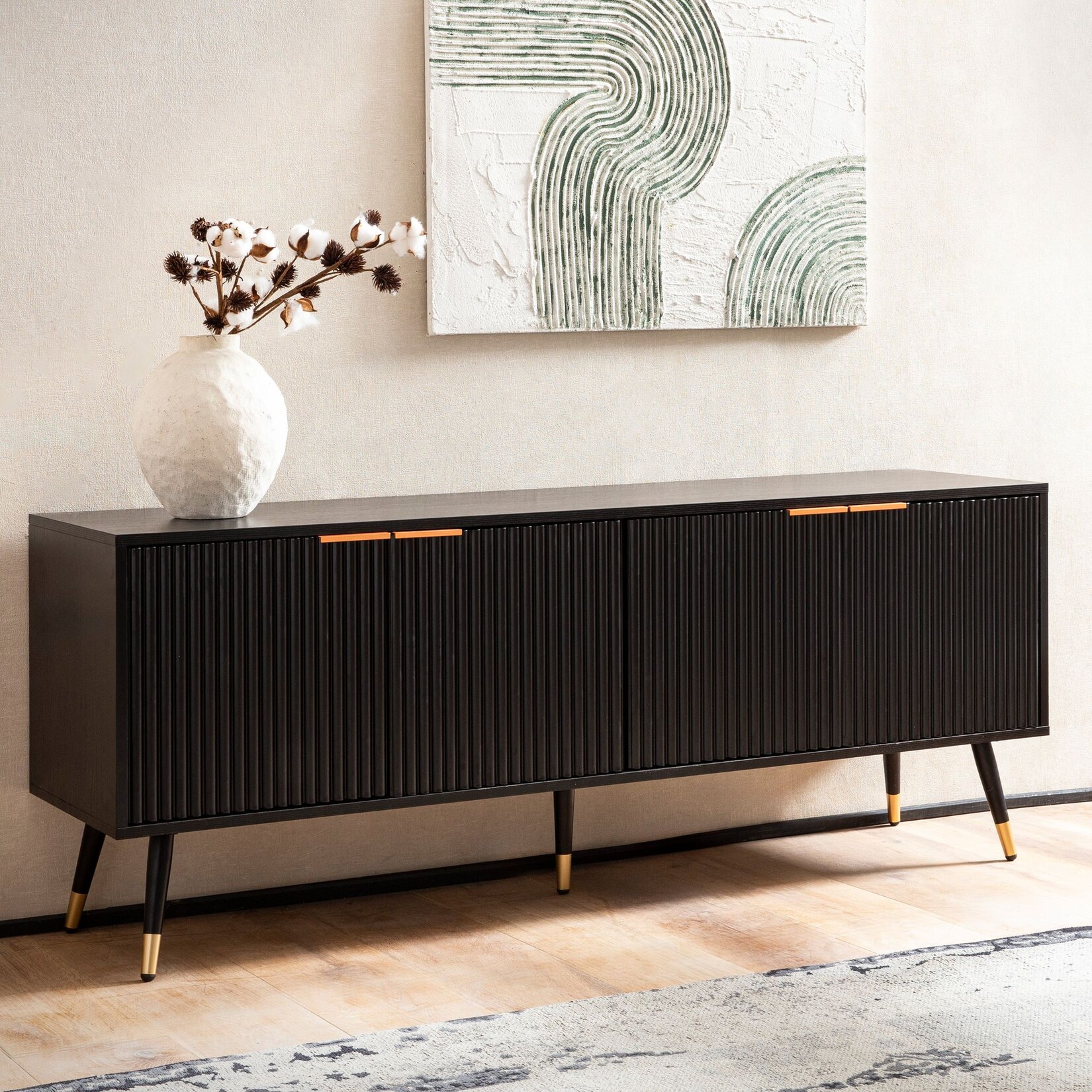 Lowboard FineBuy TV Schrank 150 cm Schwarz Türen Fernsehkommode Eiche Modern | 04251757723209