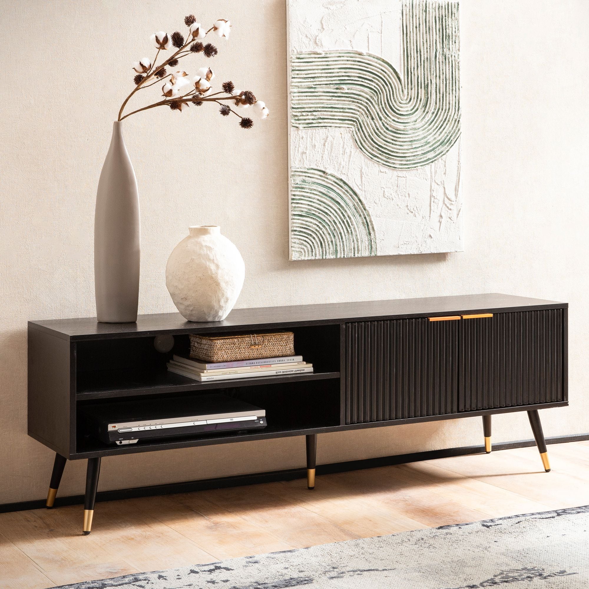 Lowboard FineBuy TV Schrank 150 cm Schwarz T&uuml;ren Fernsehkommode Eiche Modern - Bild 1