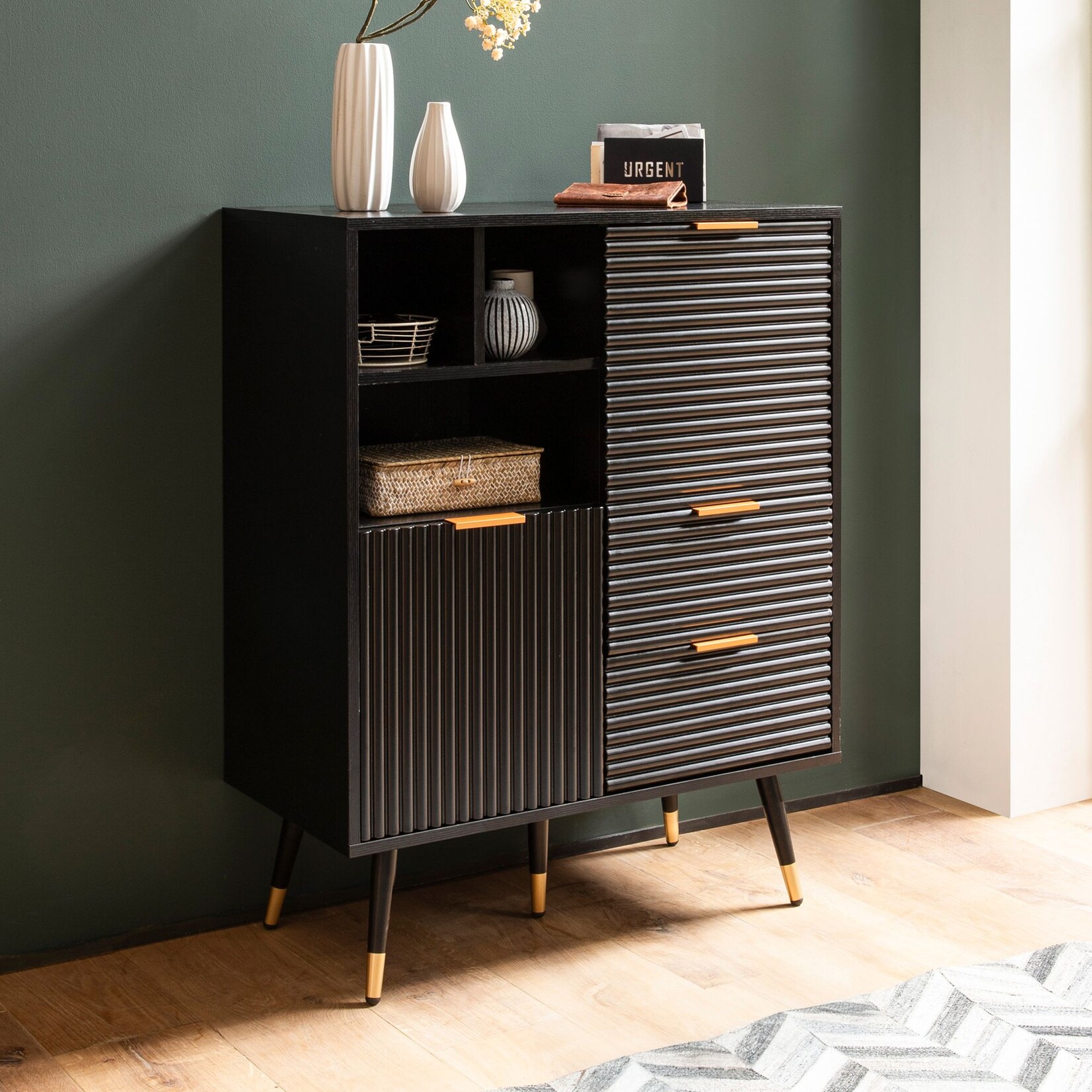 Kommode 77 cm in MDF Eiche Schwarz Dekor mit 2 Schubladen / 2 Türen und Ablage Design Sideboard Schrank