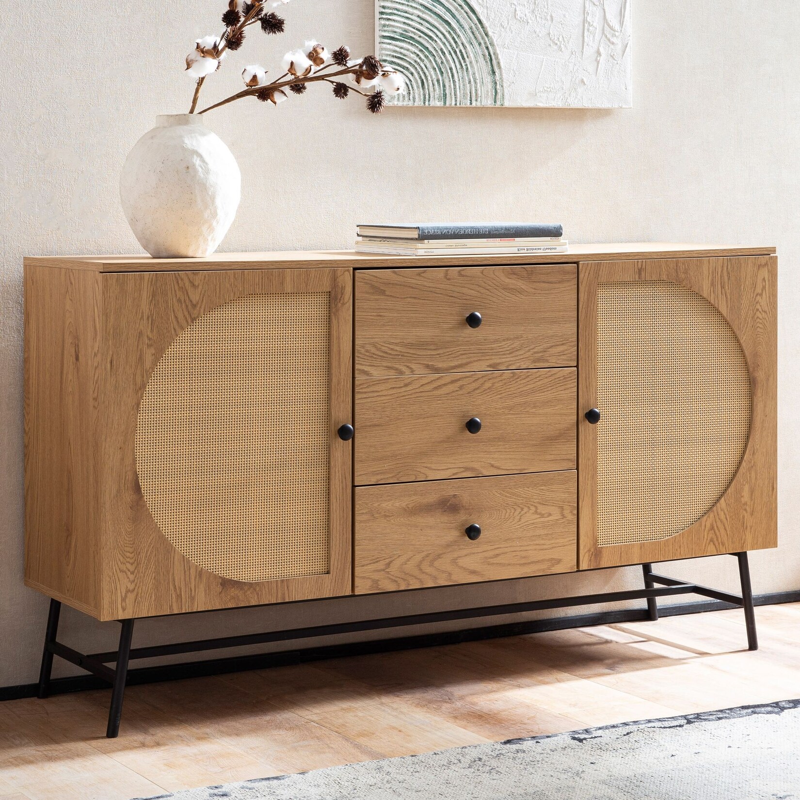 Sideboard in Eiche Dekor 140 cm Kommode mit 2 Türen & 3 Schubladen aus Wiener Rattan Geflecht Design