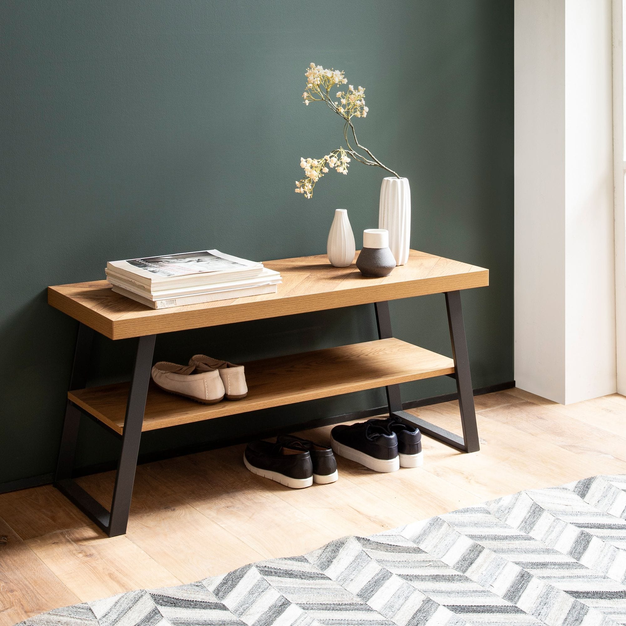 Schuhbank FineBuy 100 cm Garderobenbank Eiche Fischgr&auml;t Dekor Flur Schuhregal - Bild 1