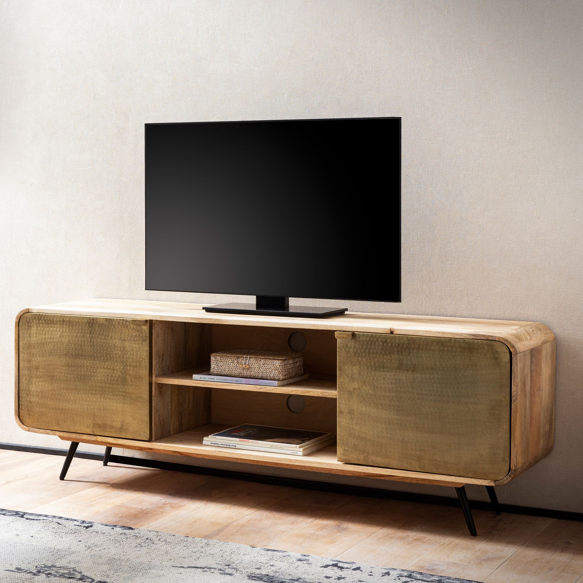 Massivholz TV-Board 160cm Kommode Mango mit goldener Hammerschlag Front Lowboard Fernsehschrank - Bild 1