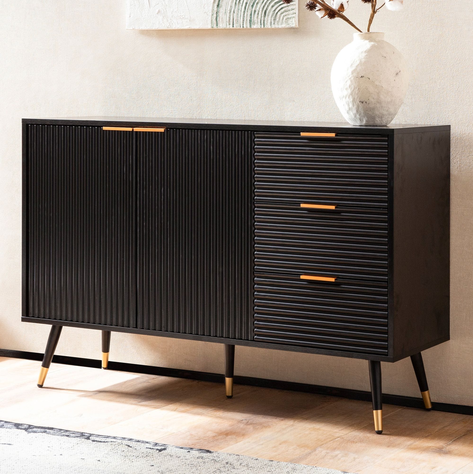 Sideboard 120cm Kommode mit 2 T&uuml;ren & 3 Schubladen in MDF Eiche Schwarz Dekor - Bild 1