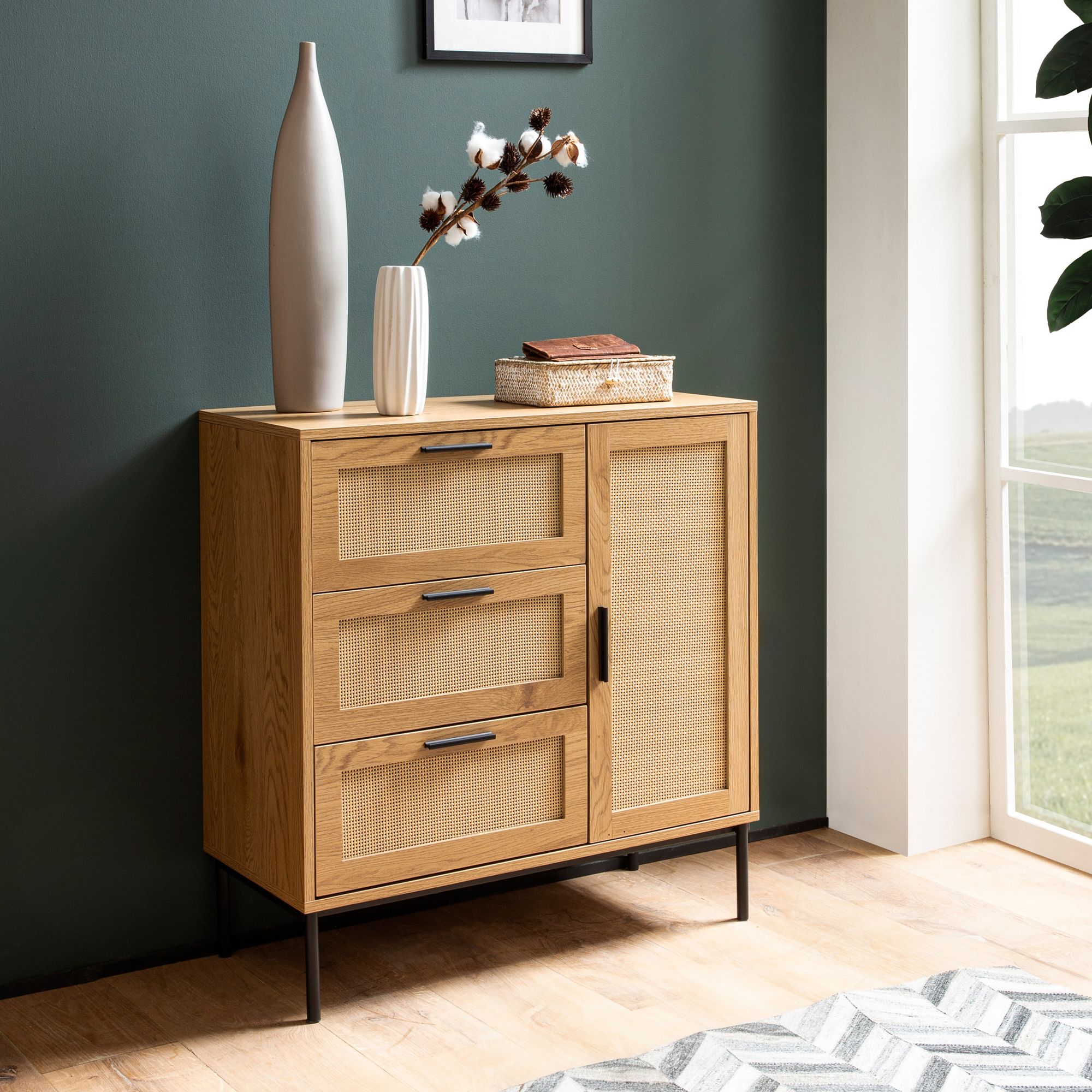 Kommode in Eiche Dekor 80 cm Sideboard mit 3 Schubladen & 1 T&uuml;r aus Wiener Rattan Geflecht Design Highboard - Schubladenkommode - Bild 1