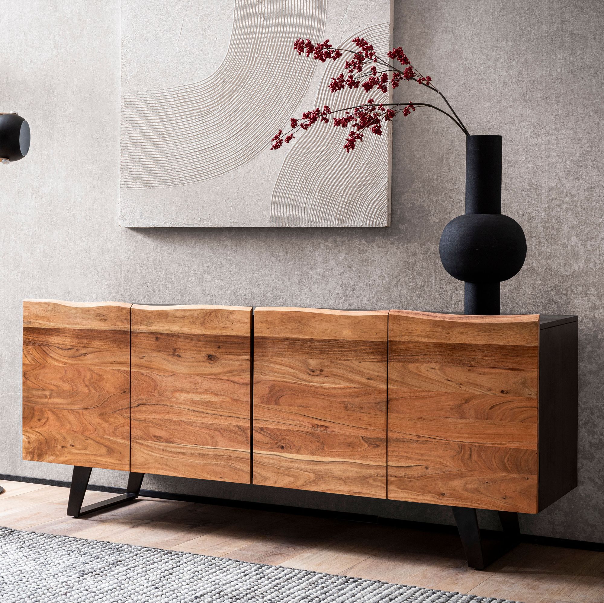 Massivholz Sideboard 180cm Akazie Kommode mit 4 T&uuml;ren Baumkante Industrial Design Metall Schwarz - Bild 1
