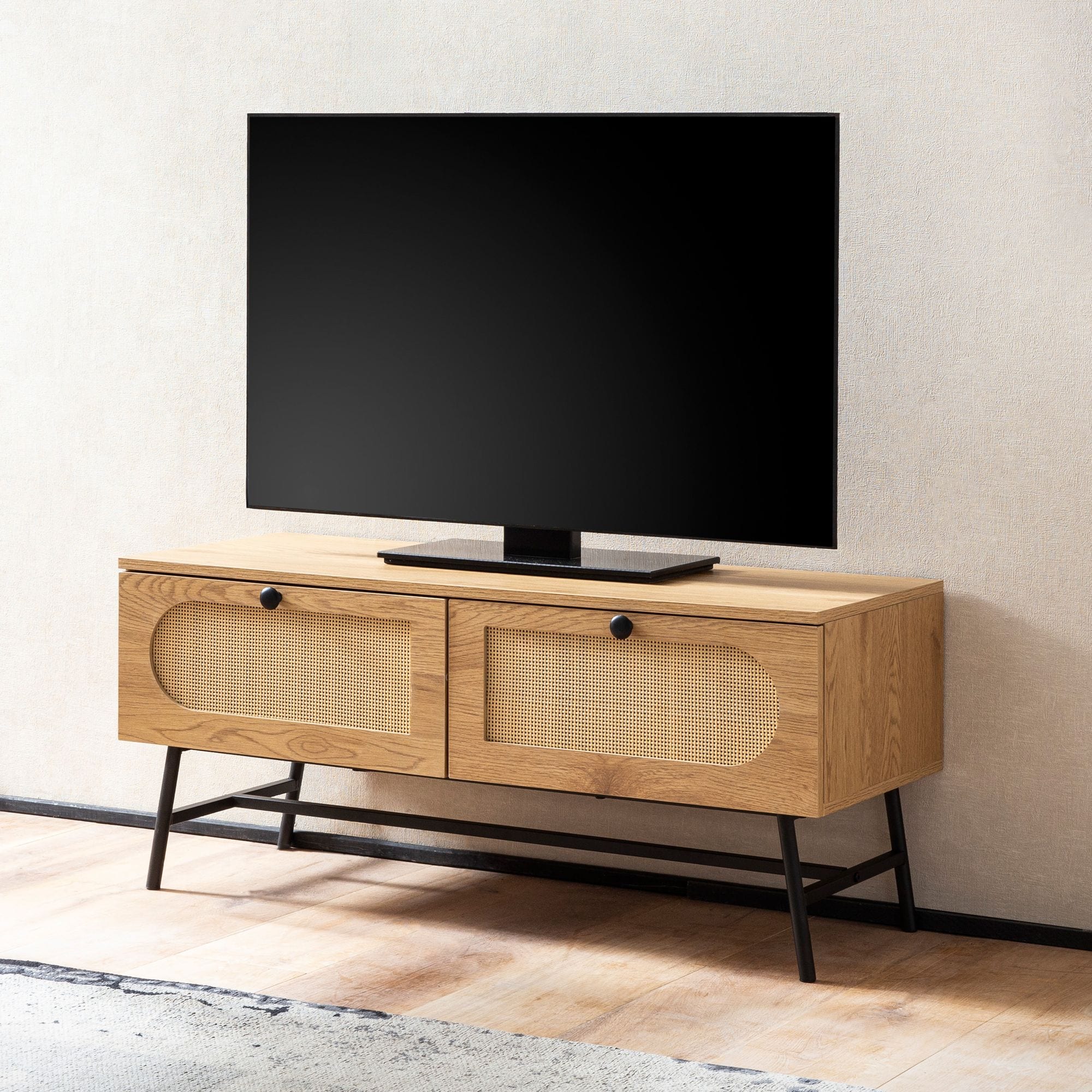 TV-Board 100cm MDF Eiche Dekor 2 Schubladen Wiener Geflecht Ratten Fernsehschrank Lowboard - Bild 1