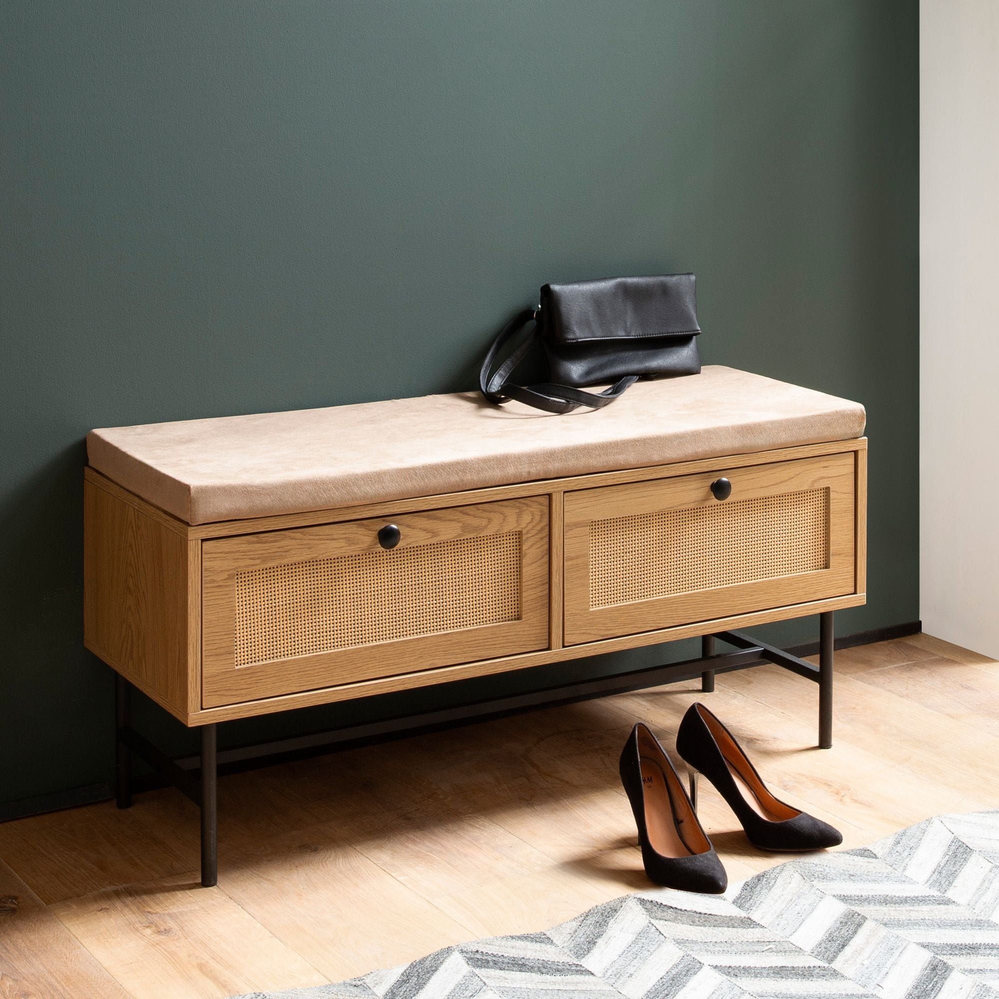 Schuhbank FineBuy Flurbank 100 cm Sitzbank Rattan Schuhregal Eiche Schubladen - Bild 1