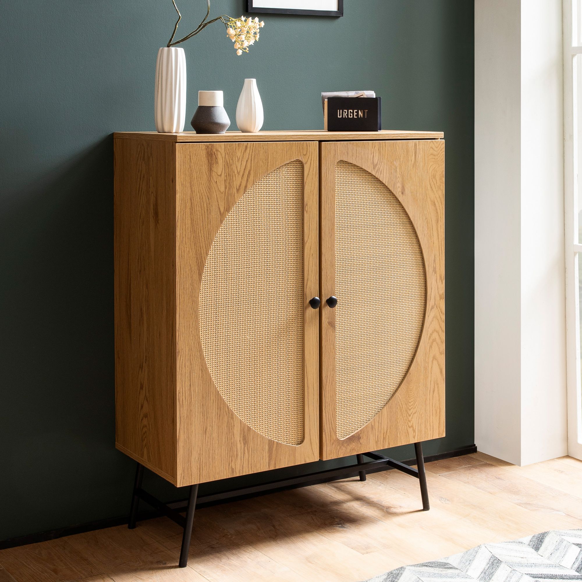 Kommode in Eiche Dekor 80 cm Sideboard mit 2 T&uuml;ren aus Wiener Rattan Geflecht Design Highboard - Bild 1