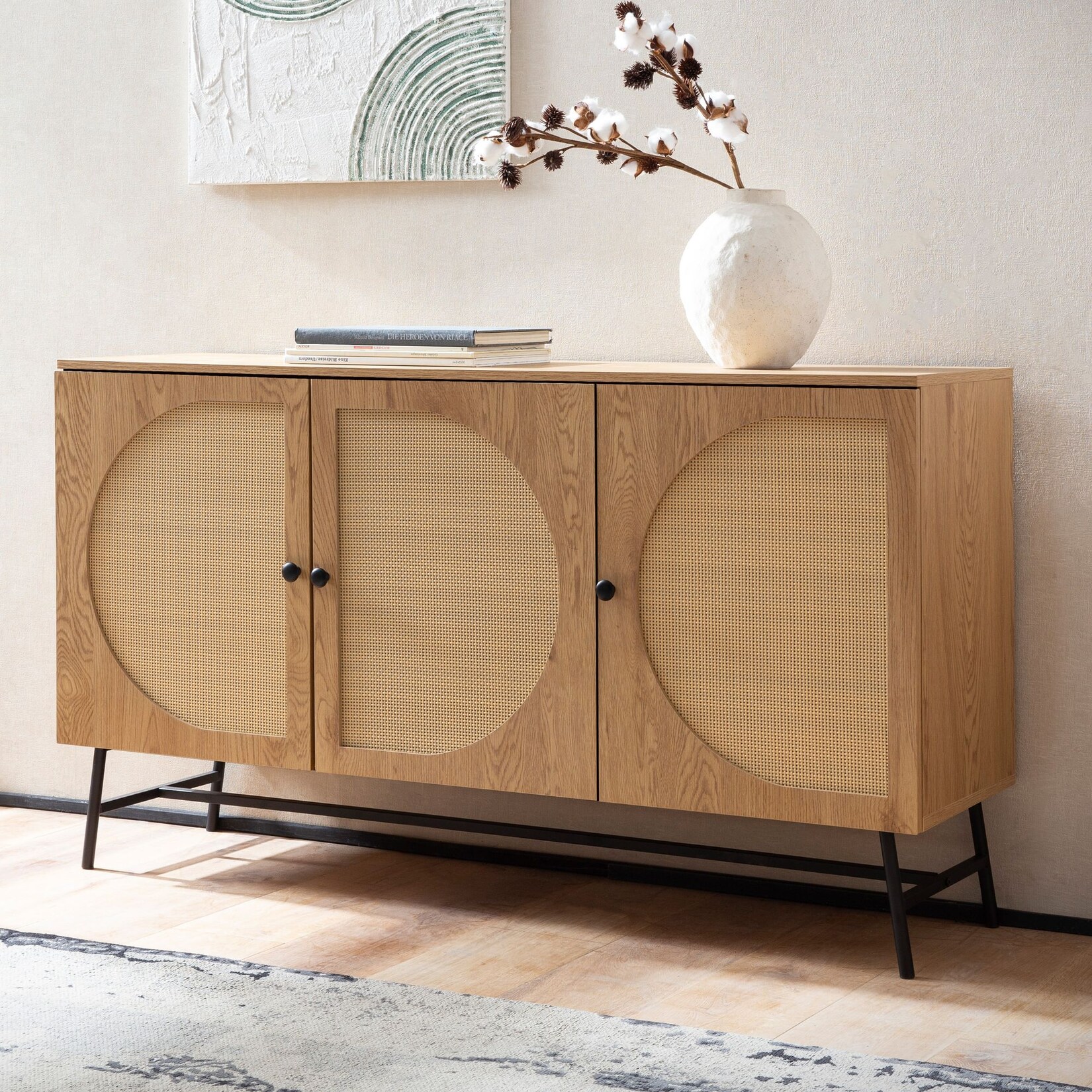 Sideboard 140cm MDF Eiche Dekor mit 3 Türen in Ratten Wiener Geflecht Design Kommode mit Metall Schwarz | 04251757723636
