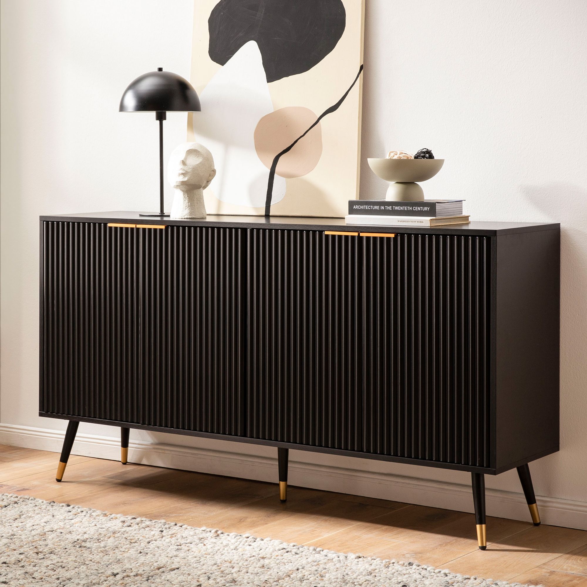 Sideboard 150cm MDF Eiche Schwarz Dekor Kommode mit 4 T&uuml;ren edles Design - Bild 1