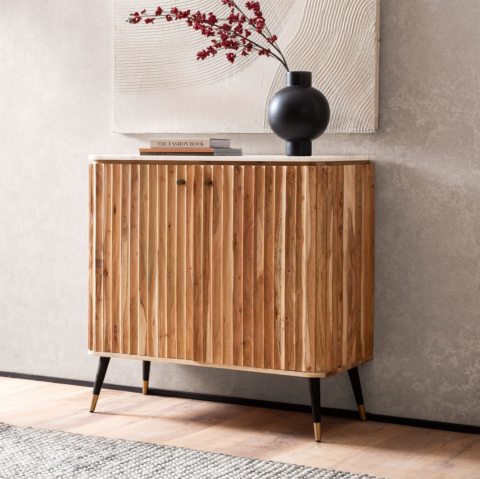 Massivholz Hausbar Akazie Natur 95cm mit echtem weißen Marmor Weinbar Barschrank mit 2 Türen | 04251757724459