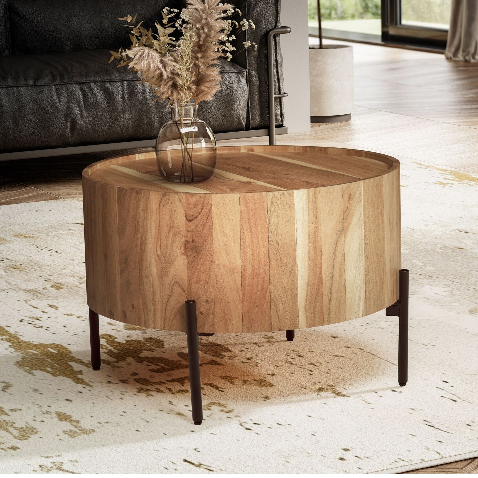 FineBuy Couchtisch Akazie Massivholz rund 60 cm · Wohnzimmertisch in Trommelform | 04251757724367