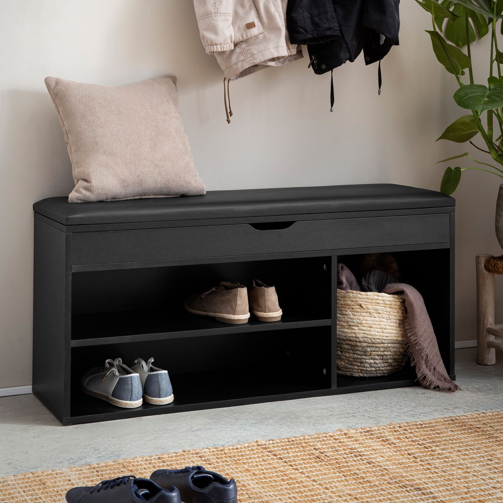 Schuhbank FineBuy Garderobenbank 104 cm Sitzbank Kunstleder Flurbank Schwarz | 04251757726026