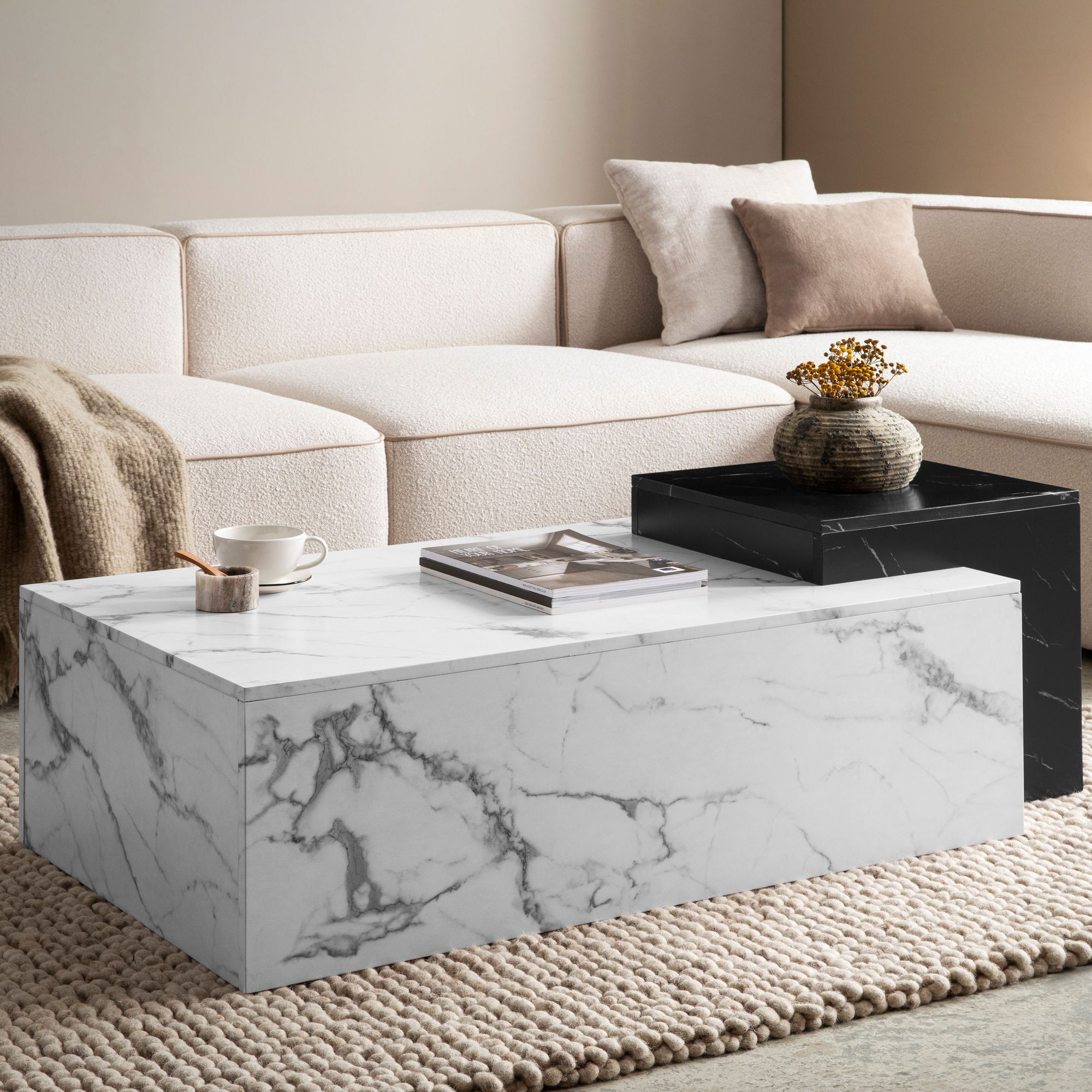 Couchtisch FineBuy Sofatisch Wei&szlig; 120 cm Marmor Optik Wohnzimmertisch Gro&szlig; - Bild 1