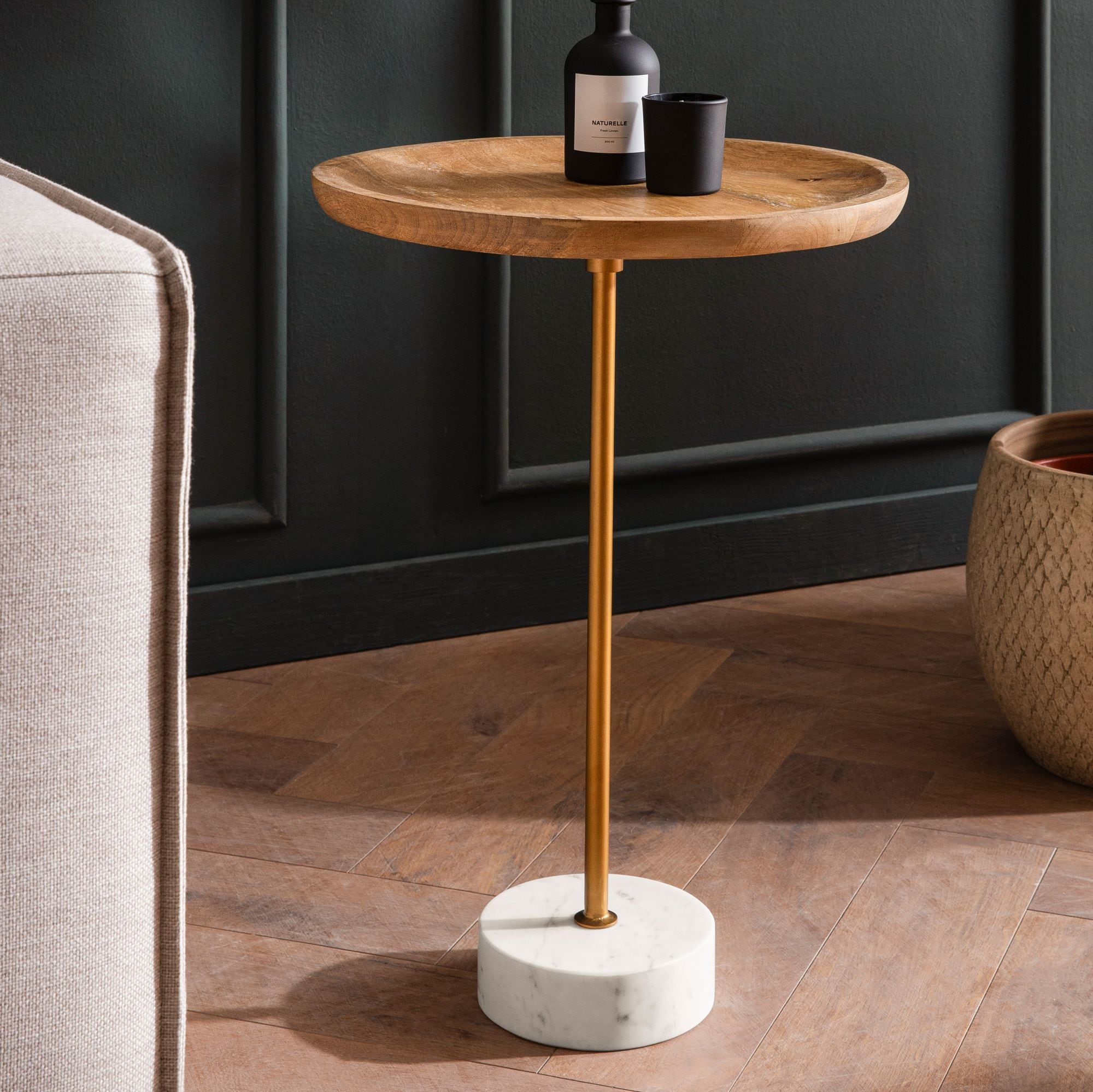 Beistelltisch FineBuy Anstelltisch Massivholz Marmor &Oslash; 40 cm Wohnzimmertisch - Bild 1