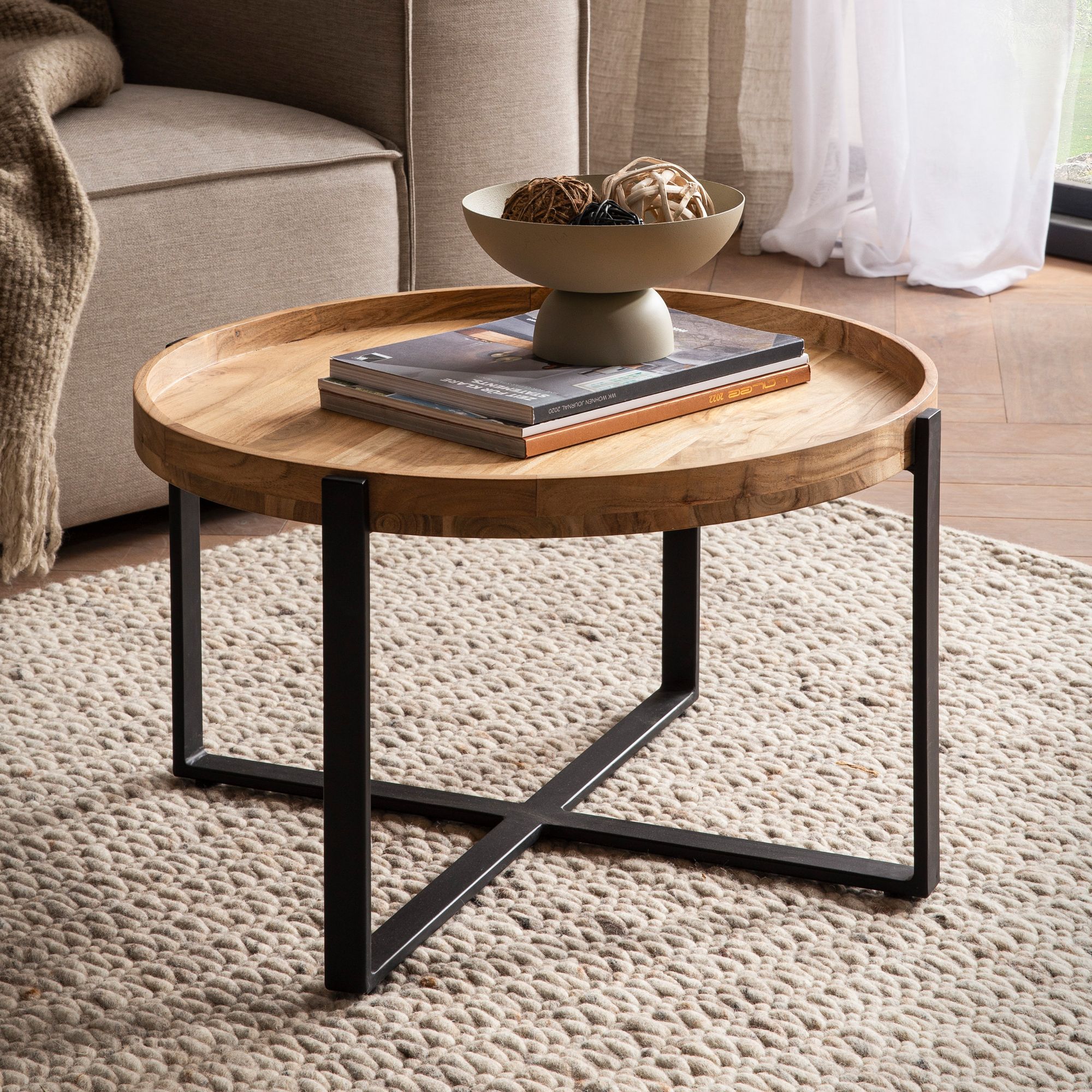 FineBuy Couchtisch Akazie Massivholz rund 60cm Wohnzimmertisch Kreuzgestell - Bild 1