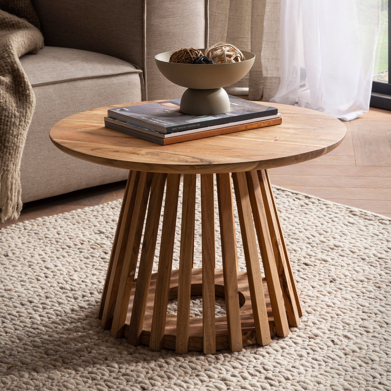 FineBuy Couchtisch Akazie Massivholz rund 60 cm Wohnzimmertisch Lamellenfuß | 04251757727078