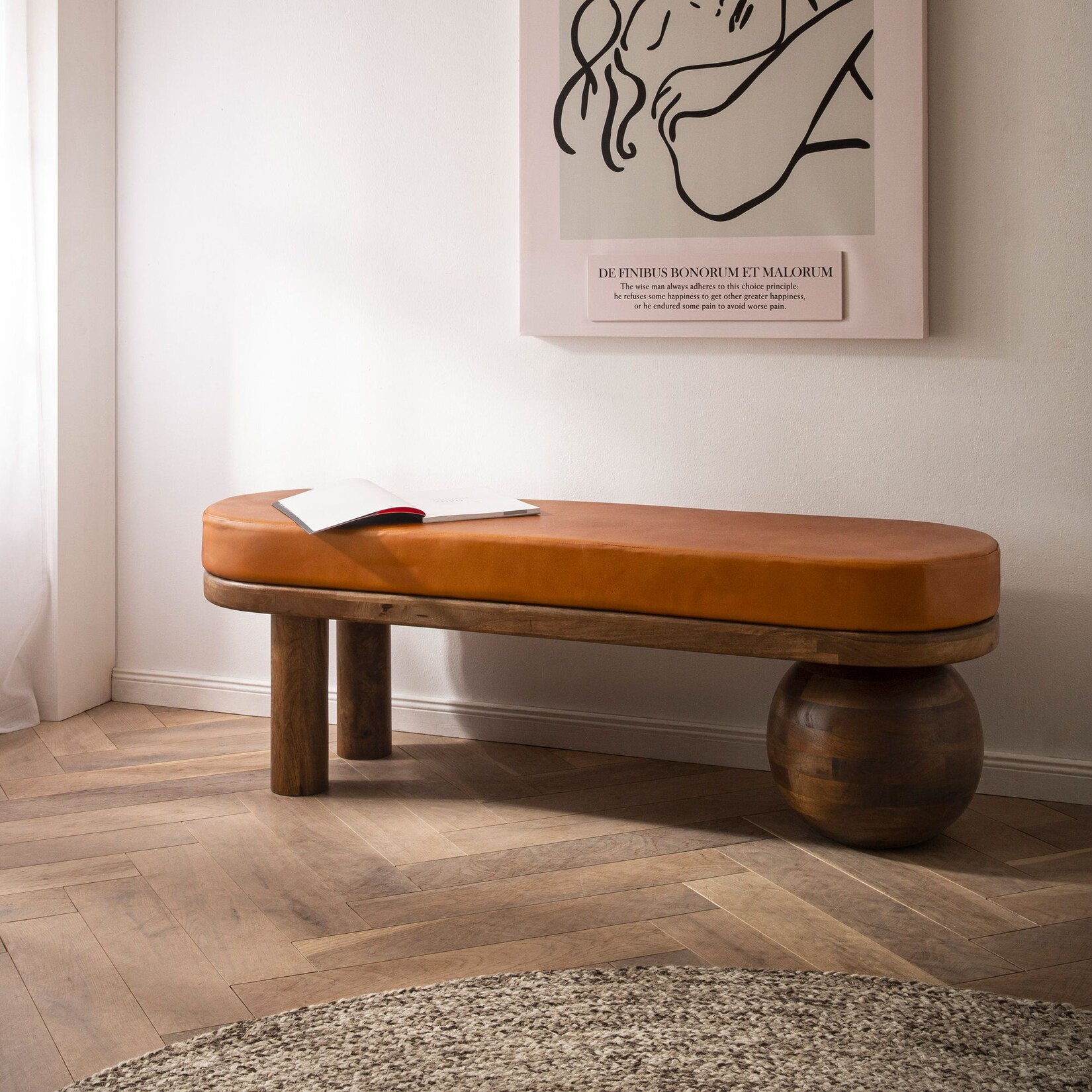 Sitzbank FineBuy Flurbank Echtleder Holz Massiv 140 cm Polsterbank Bank Braun | 04251757727092