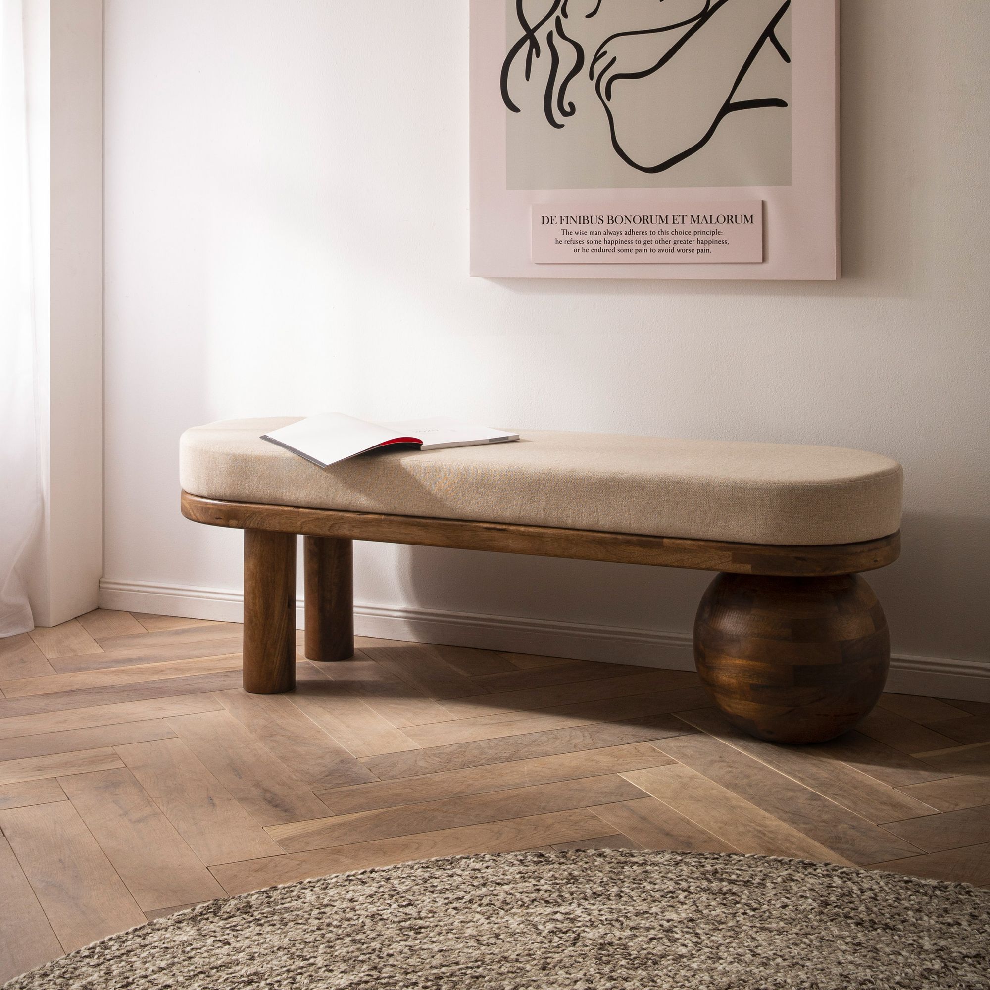 Sitzbank FineBuy Flurbank Stoff Holz Massiv 140 cm Polsterbank Bank Beige Modern - Bild 1