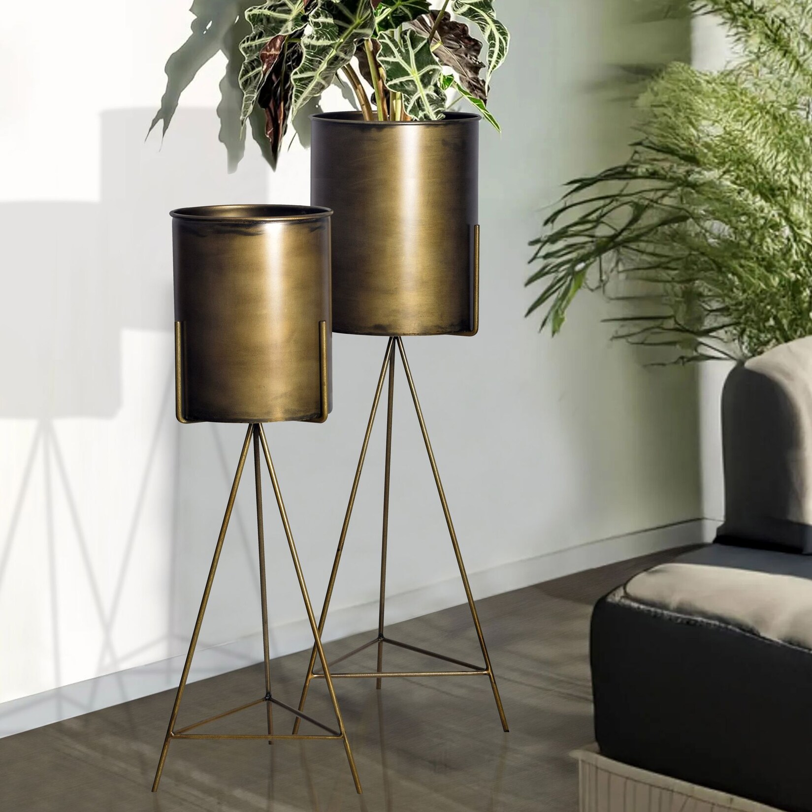 Blumentopf FineBuy Pflanzenkübel 2er Set Metall Gold Rund Pflanzgefäß Hoch Eisen | 04251757727382