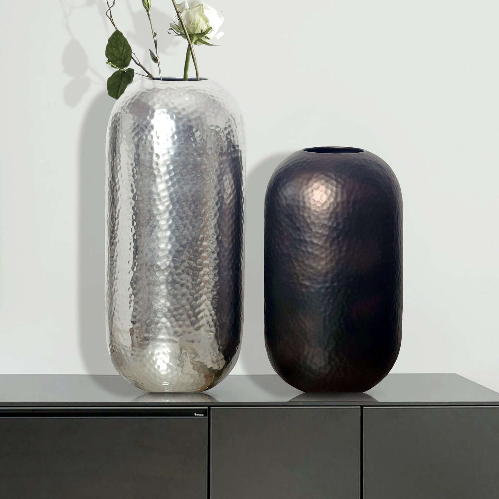 Vase 2er Set FineBuy Blumenvase Aluminium Hammerschlag Tischvase Modern Rund | 04251757727399