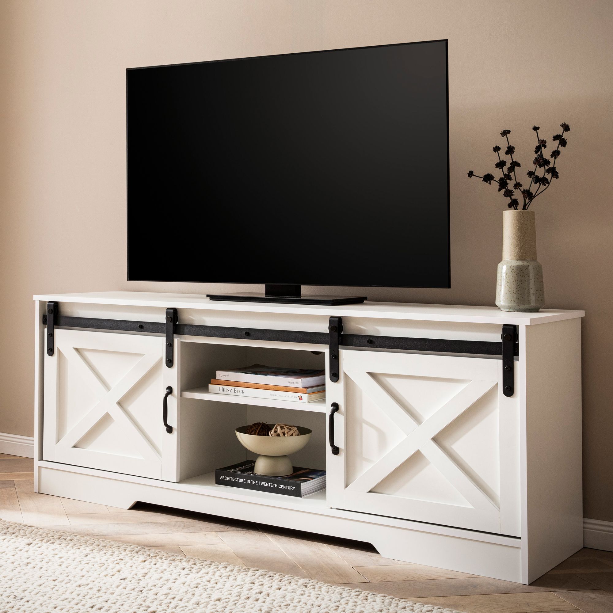 Lowboard FineBuy Fernsehkommode 150 cm TV Schrank Fernsehschrank Wei&szlig; Landhaus - Bild 1