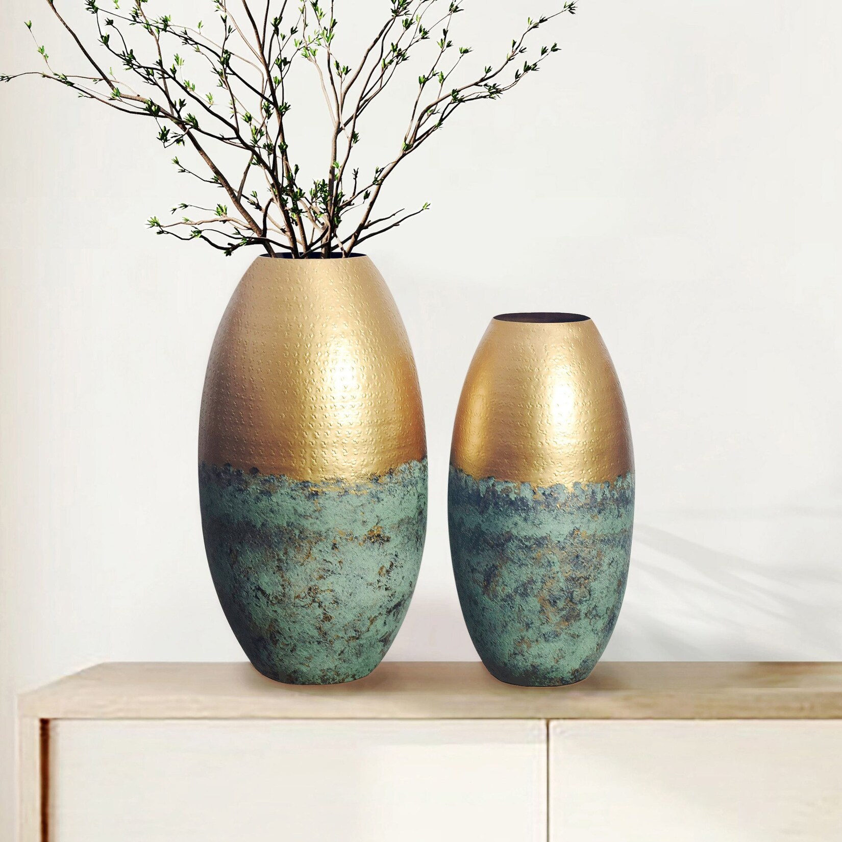 Vase 2er Set FineBuy Blumenvase Aluminium Gold Patina Tischvase Punziert Rund | 04251757727627