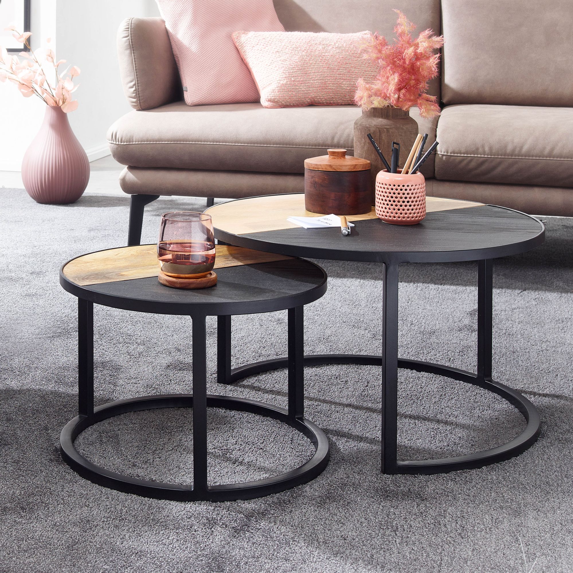 Couchtisch FineBuy Wohnzimmertisch 2 teilig Massivholz Rund Beistelltisch Tisch - Bild 1