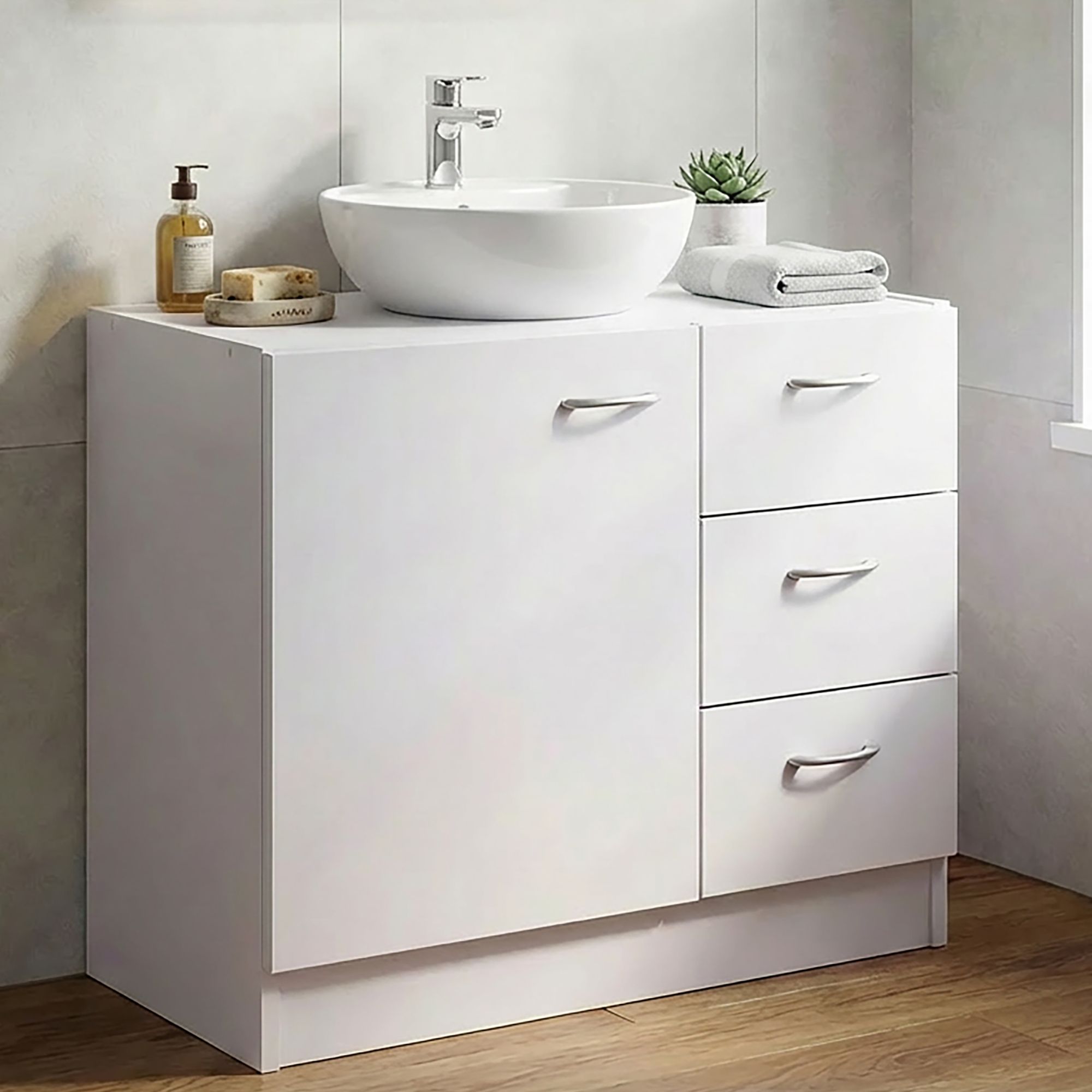 FineBuy Bad Waschbecken Unterschrank 54 x 63 x 30 cm 1 T&uuml;r 3 Schubladen wei&szlig; - Bild 1